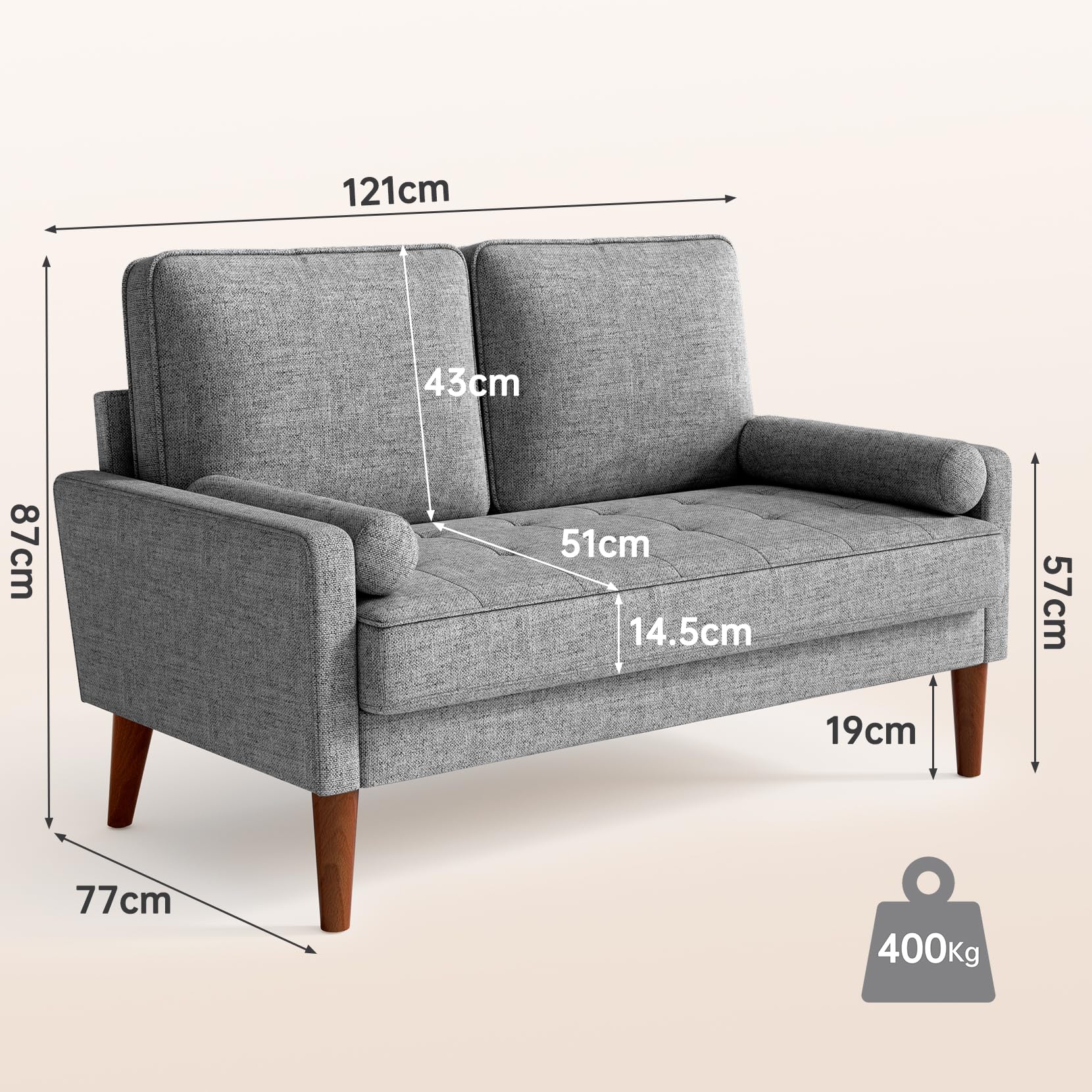 Divano a 2 posti, divano piccolo in finto lino, grigio chiaro, 121 x 77 x