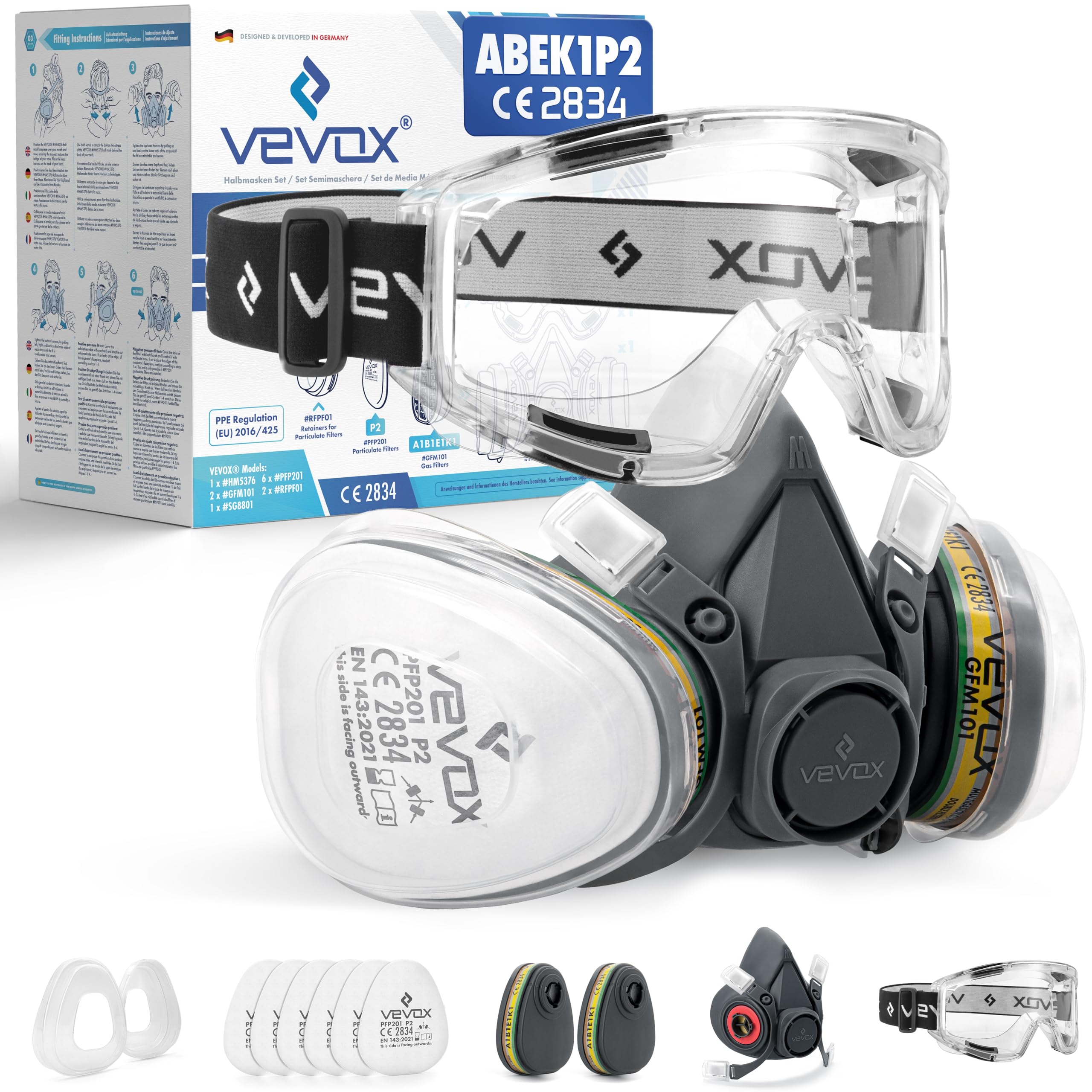 VEVOX® Atemschutzmaske – ABEK1P2 Filter – Schutz gegen Feinstaub, Gase & Dämpfe – Zum Lackieren, Schleifen & Sanieren – Gasmaske, Staubmaske & Lackiermaske – 6x P2 & 2x ABEK1 Filter