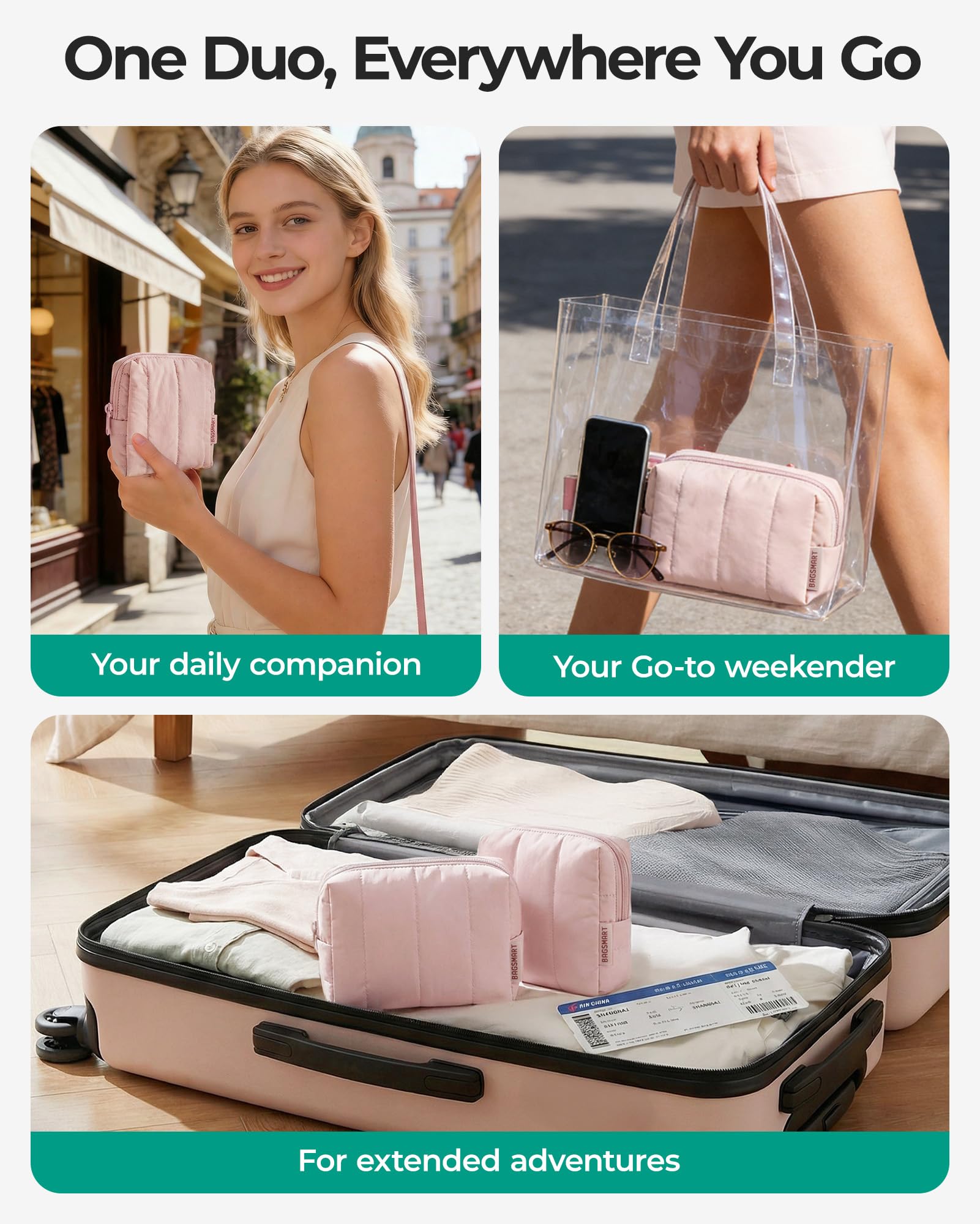 BAGSMART Makeup Bag Duo Set, Puffy Padded Travel Cosmetic Organizer with Slip-in Pockets, Large Toiletry Bag & Small Purse Pouch, Travel Essentials for Women, Baby Pink — view 5