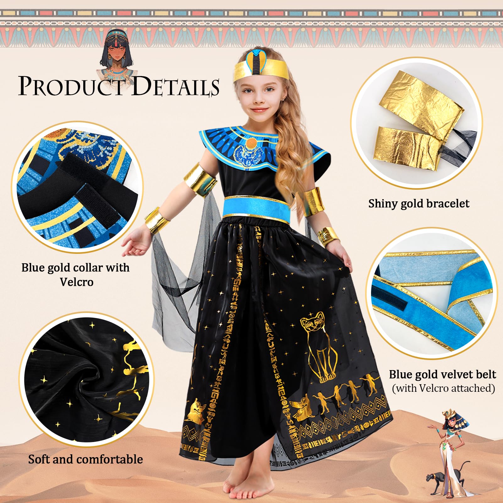 AMOBON Girls' Cleopatra Costume with Accessories - Egyptian Dress for Carnival Cosplay Party, Black - Image 3