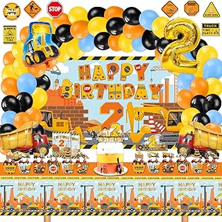 Construction Birthday Party Supplies for 2 Year Old Boy, 139 Pcs Dump Truck Party Decorations for Boys Baby - Backdrop, Cake, and Cupcake Toppers, Balloons, Cupcakes Wrappers, Party Traffic Signs, Tablecloth, Crown and Poster