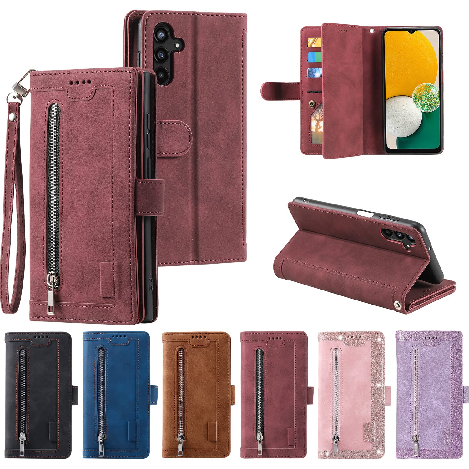 UEEBAI Custodia a portafoglio per Samsung Galaxy A34 5G, stile retrò, con 9 scomparti per carte di credito, tasca con cerniera, in pelle PU, chiusura magnetica, cavalletto con cinturino da polso,