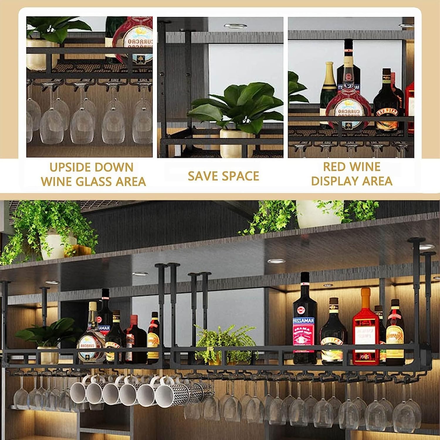 Hanging Wine Glass Holder Ceiling Black Wine Glass Rack,Hanging Wine Rack,11.8-23.6 Inch Height Adjustable Hanging Wine Rack Cabinet,Metal Wine Bottle Holder Perfect for Bar Cafe K