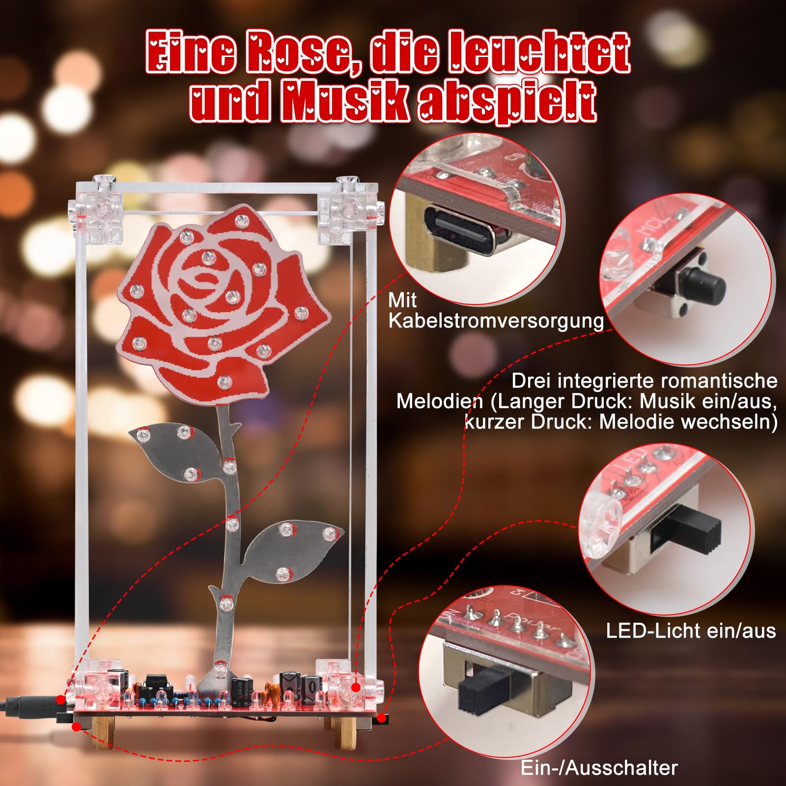 DIY Rosenblumen LED Lötbausatz mit Acrylgehäuse, BANRIA Bunte Blinklichter und integrierte Musik, Netzbetriebener Elektronik-Bausatz, Geschenkidee zum Muttertag