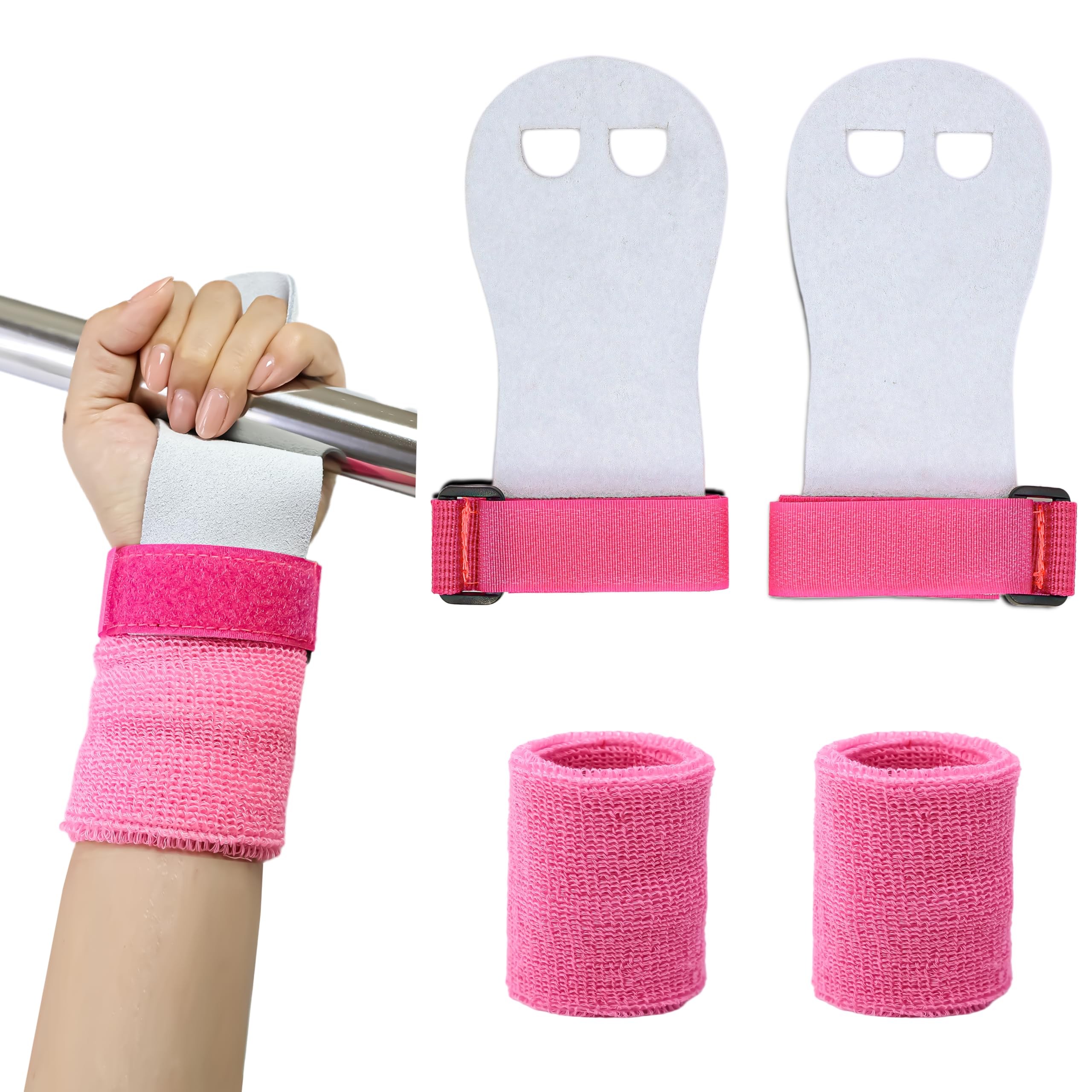 Drokenle Gymnastics Grips Wristbands Sets for Girls Youth Kids, Gymnastic Grips Gloves Gymnastic Bar Palm Protection and Wrist Sports Support Accessories for Kids Training (Pink, Medium)