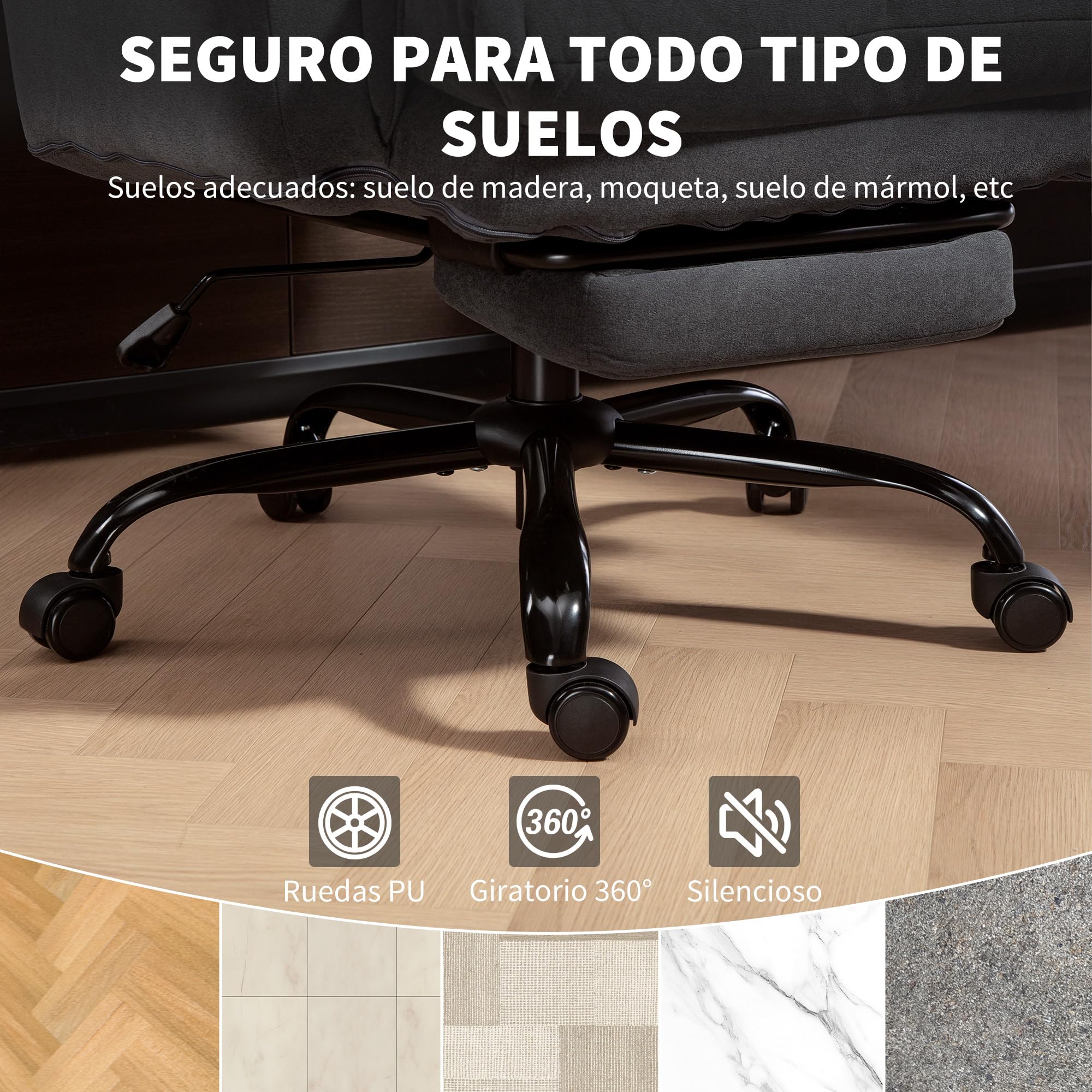 HOMCOM Silla de Escritorio con Reposapiés, Silla de Oficina Giratoria, con Respaldo Reclinable y Alto, Asiento y Reposabrazos Anchos, Acolchado Grueso, Tapizada en Terciopelo, Altura Ajustable, Gris