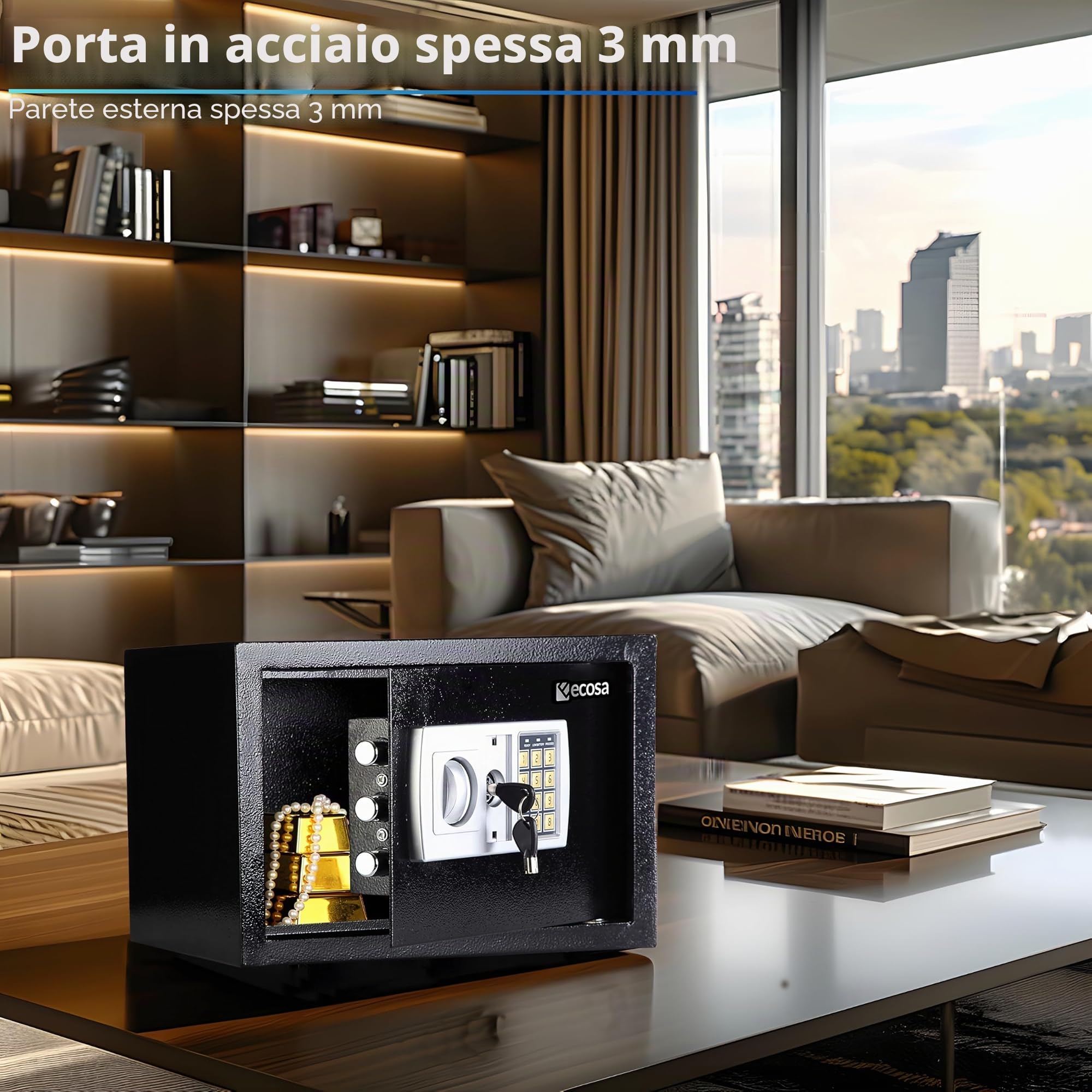 Ecosa Cassaforte elettronica, 35 x 25 x 25 cm, con serratura a combinazione e chiave, cassaforte per hotel, cassaforte per mobili, per casa e bambini, con 3 chiusure a doppio bullone extra spesse