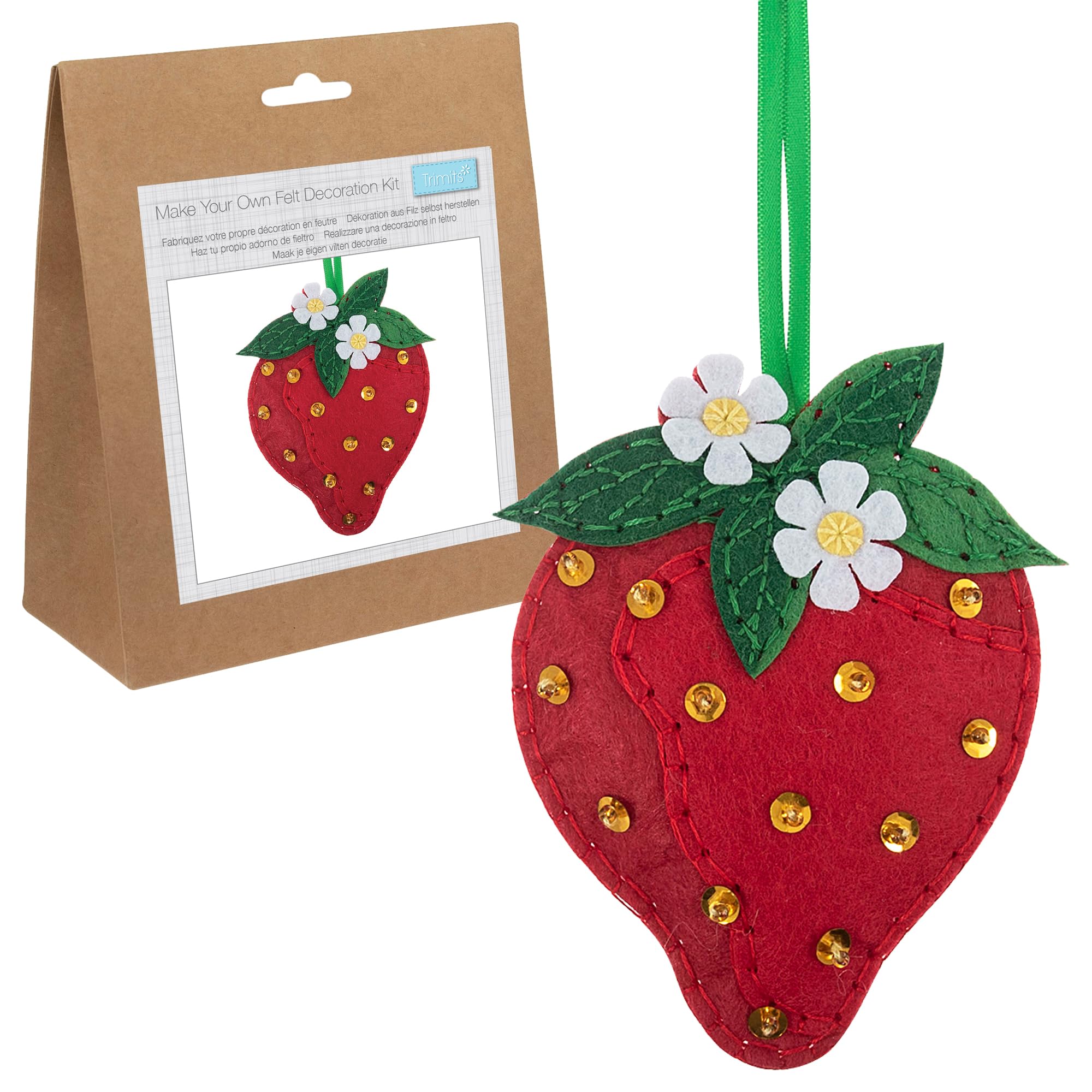 Trimits Filzdekorationsset - Erdbeere (9 x 12 cm) mit vorgeschnittenen Filzformen, Füllmaterial, Garn, Pailletten, Perlen, Nadeln, Band und Anleitung - Ideal für Anfänger und jüngere Bastler.