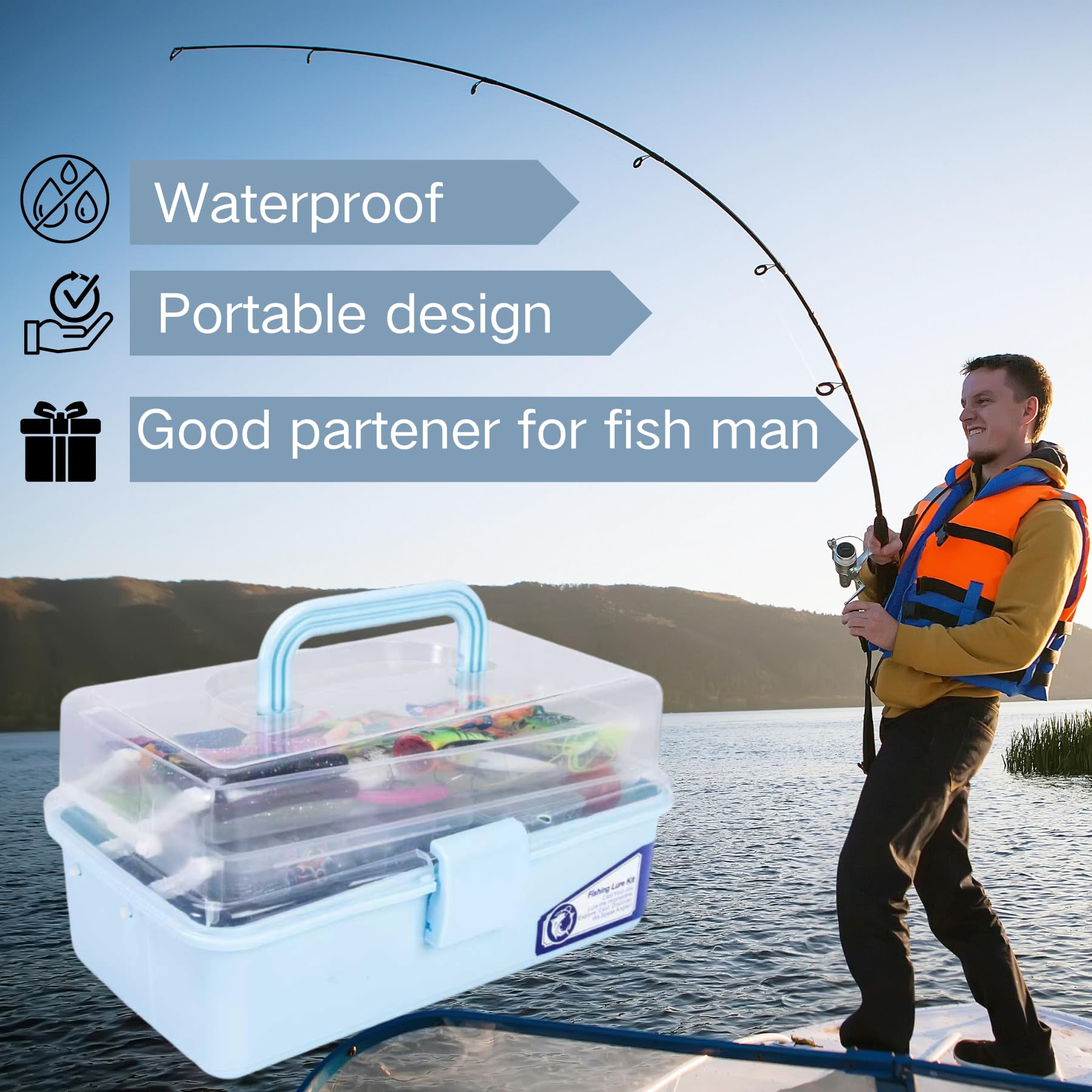 Caja grande de aparejos de pesca de 3 capas con aparejos incluidos, kit de 450 señuelos de pesca, contiene alicates, anzuelos, señuelos, pesos y accesorios, equipo de pesca de lubina de agua dulce
