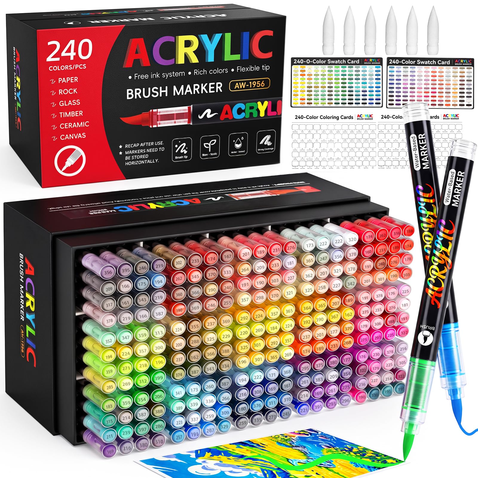 240 Colori Pennarelli Acrilici Brush Pen, Set Pennarelli Professionali | Sistema a Inchiostro Liquido – Flusso Uniforme, Asciugatura Rapida e Impermeabile. Ideali per Sassi, Vetro, Legno e Ceramica