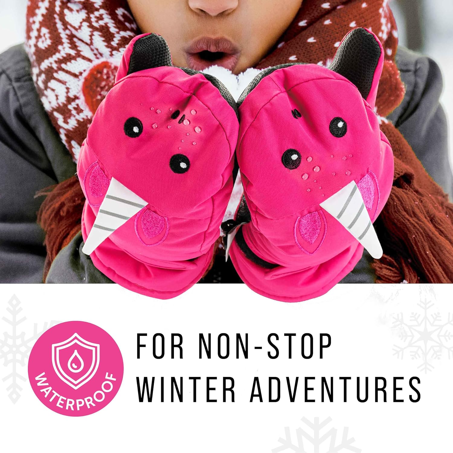 Maplefield Waterproof Kids Gloves with Fun Creatures - Long Cuff Keeps Kids Dry and Warm - Toddler Mittens with Thinsulate