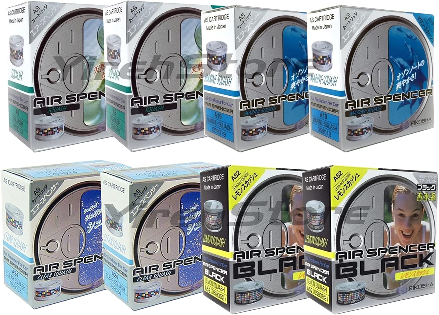 AS Air Spencer 2X Squash (A9), 2X Lemon Squash (A52), 2X Clear Squash (A24), and 2X Marine Squash scent (A19), Heavy Duty, Last Long, JDM Eikosha Japan Car Air Freshener