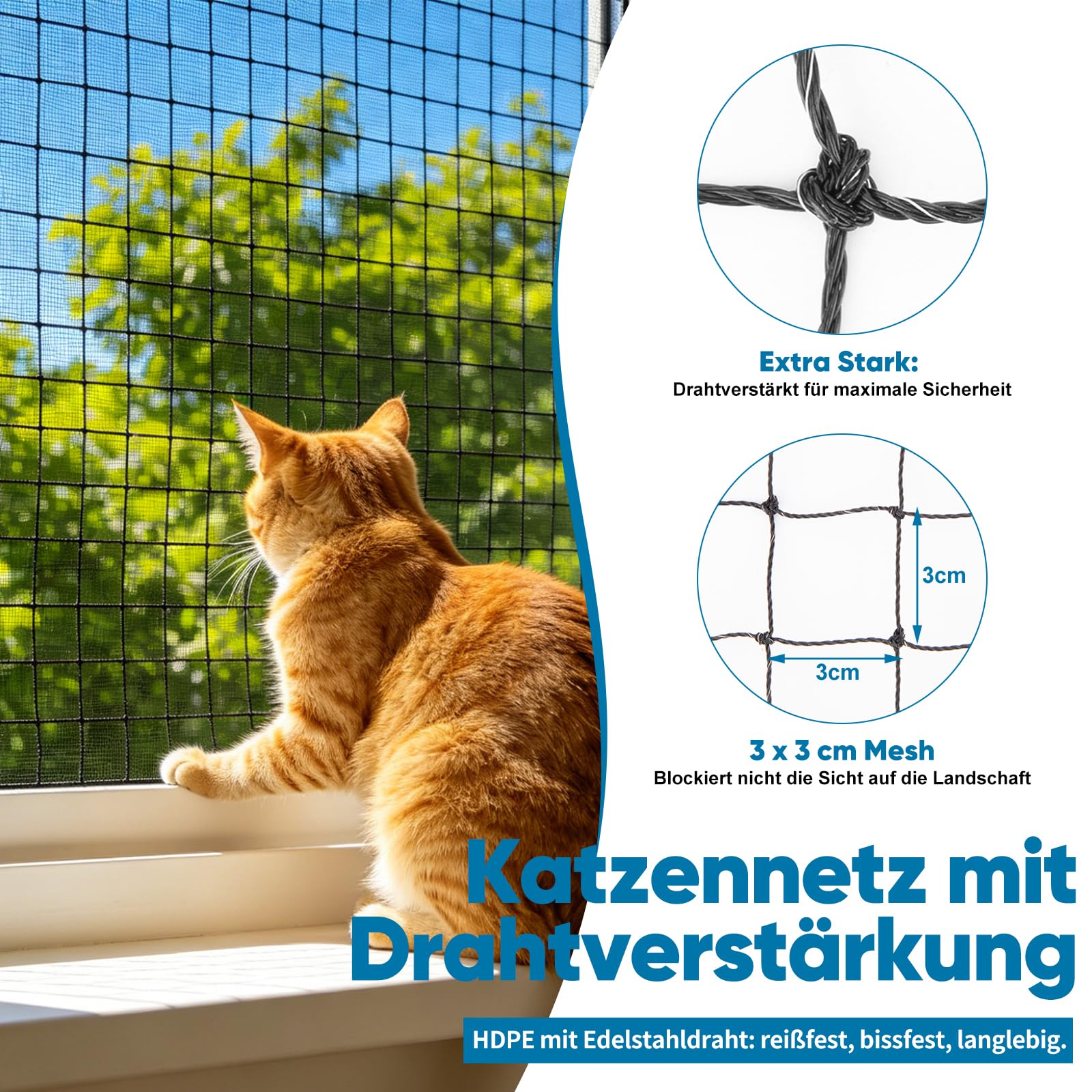 6x3m Katzennetz Drahtverstärkt für Balkon mit Montagezubehör Schwarz | Reißfest und Bissfest und alterungsbeständig durch Nylon(HDPE) und Stahldrahtmaterial, Für Balkonen Fenstern Türen Zäunen