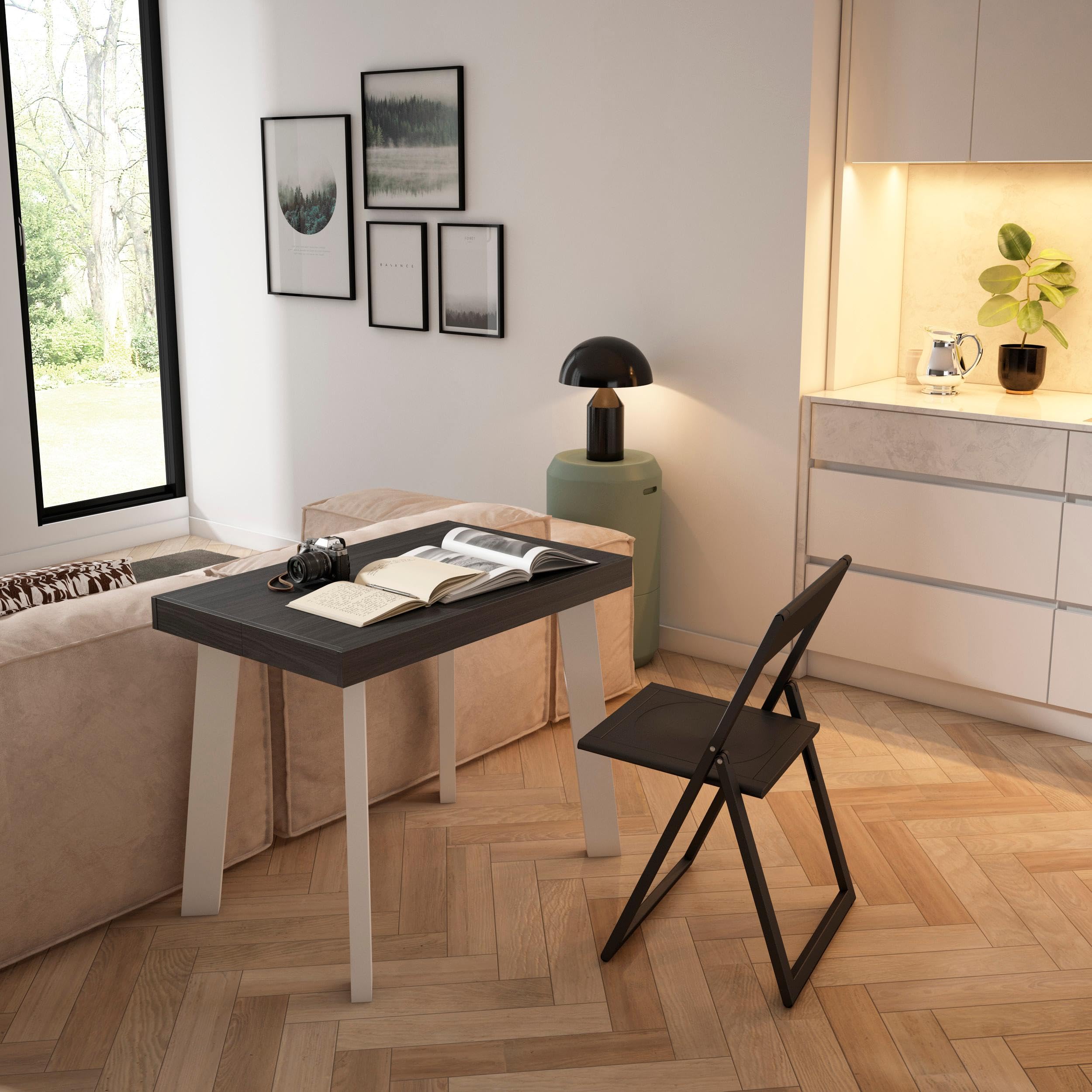 Skraut Home | Table Console Extensible | Console Meuble | 300 | pour 14 Personnes | Pieds en Bois | Style Moderne | Noir