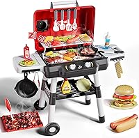 Zsinb Kids BBQ Grill Playset - 2-Tier Toddler Kitchen Toy with Wheels, Realistic Smoke Lights Sounds, 35 Accessories for Outdoor Play Ages 3-5
