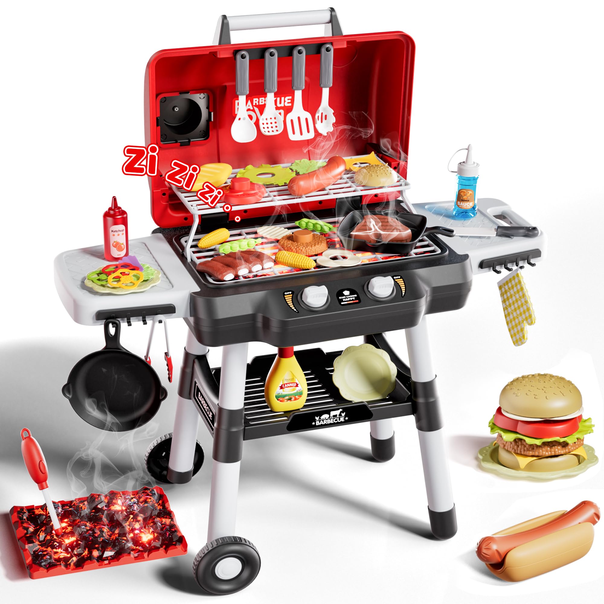 Kids Play Kitchen Toys, Kids BBQ Grill Playset，2-Tier Barbecue Toy with Wheels, Smoke Sound Light, Outdoor Play Food Toys Cooking Set, Birthday Gift