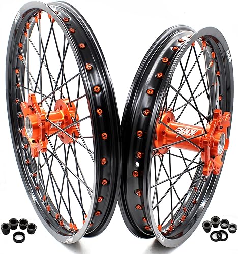 KKE Juego de llantas de motocicleta MX de 1.6 x 212.15 x 19 compatible con KTM XCFW SXF 125-530CC Naranja HubPezón Negro Radios