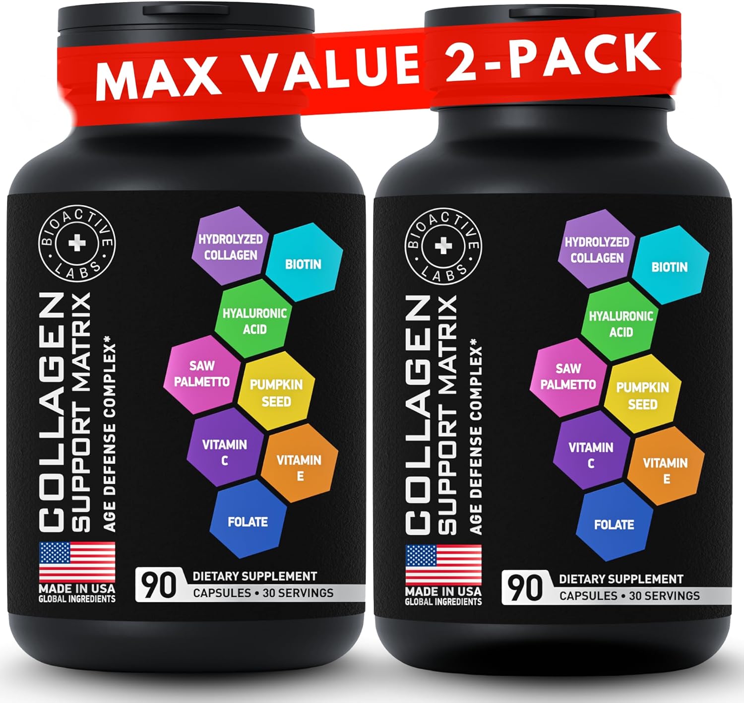 Age Defense Beauty Collagen Matrix - 2,000mg Multi Collagen Biotin Keratin Hyaluronic Acid Saw Palmetto Supplement Complex - DHT Blocker for Men & Women for Hair Growth - 2-PACK, 180 Gluten-Free Caps