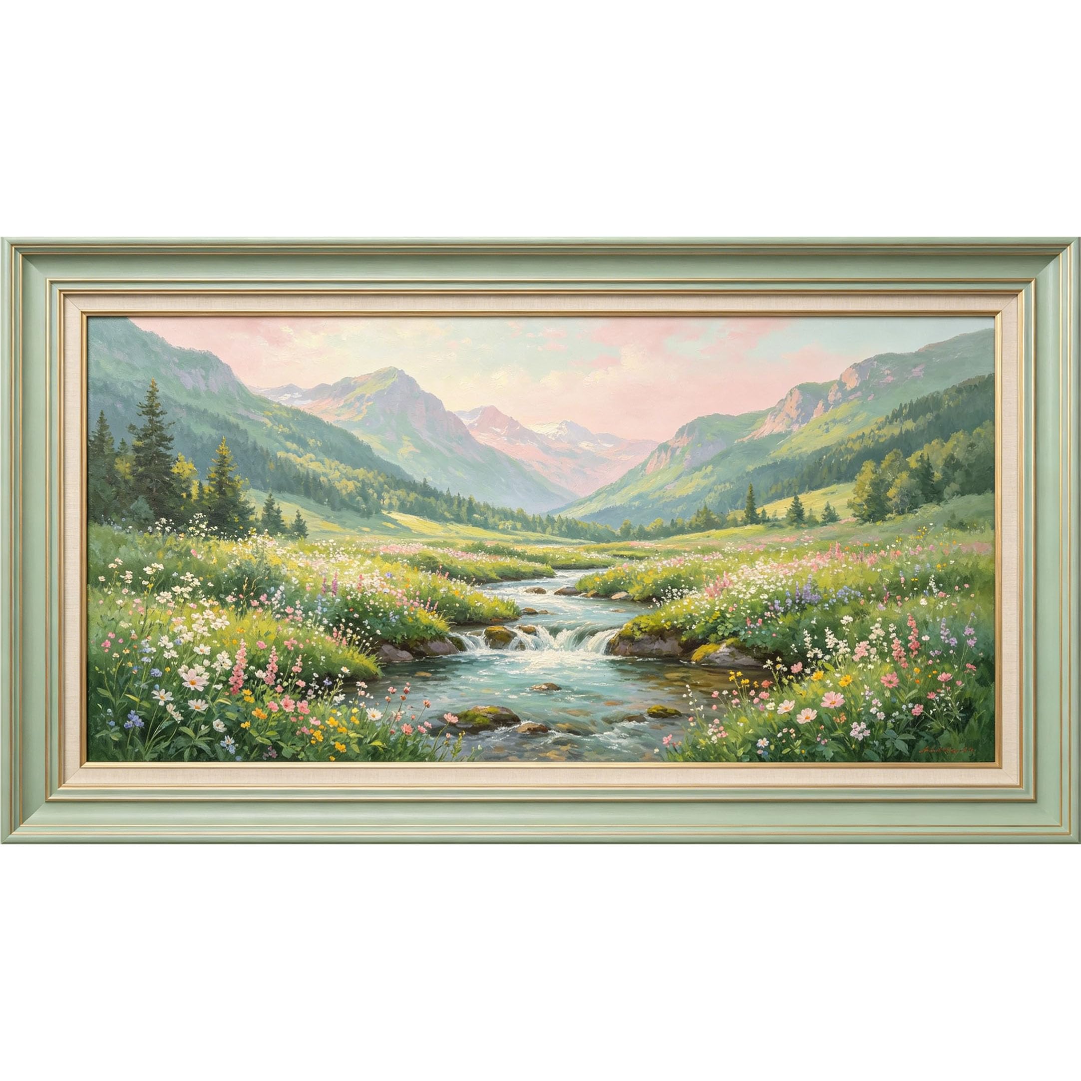 QZLITHOTIC 50x90cm3D Framed Wall Art， Mountain Valley Landscape Watercolor Self‑Adhesive Mural， Water‑Activated Peel & Stick Fabric Decor Wall Decal for Bedroom Living Room