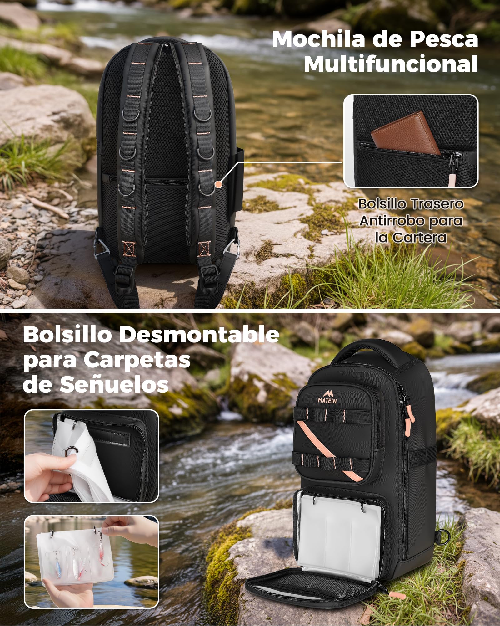 MATEIN Mochila Pesca con Soporte para Caña y Funda para Móvil, Negro