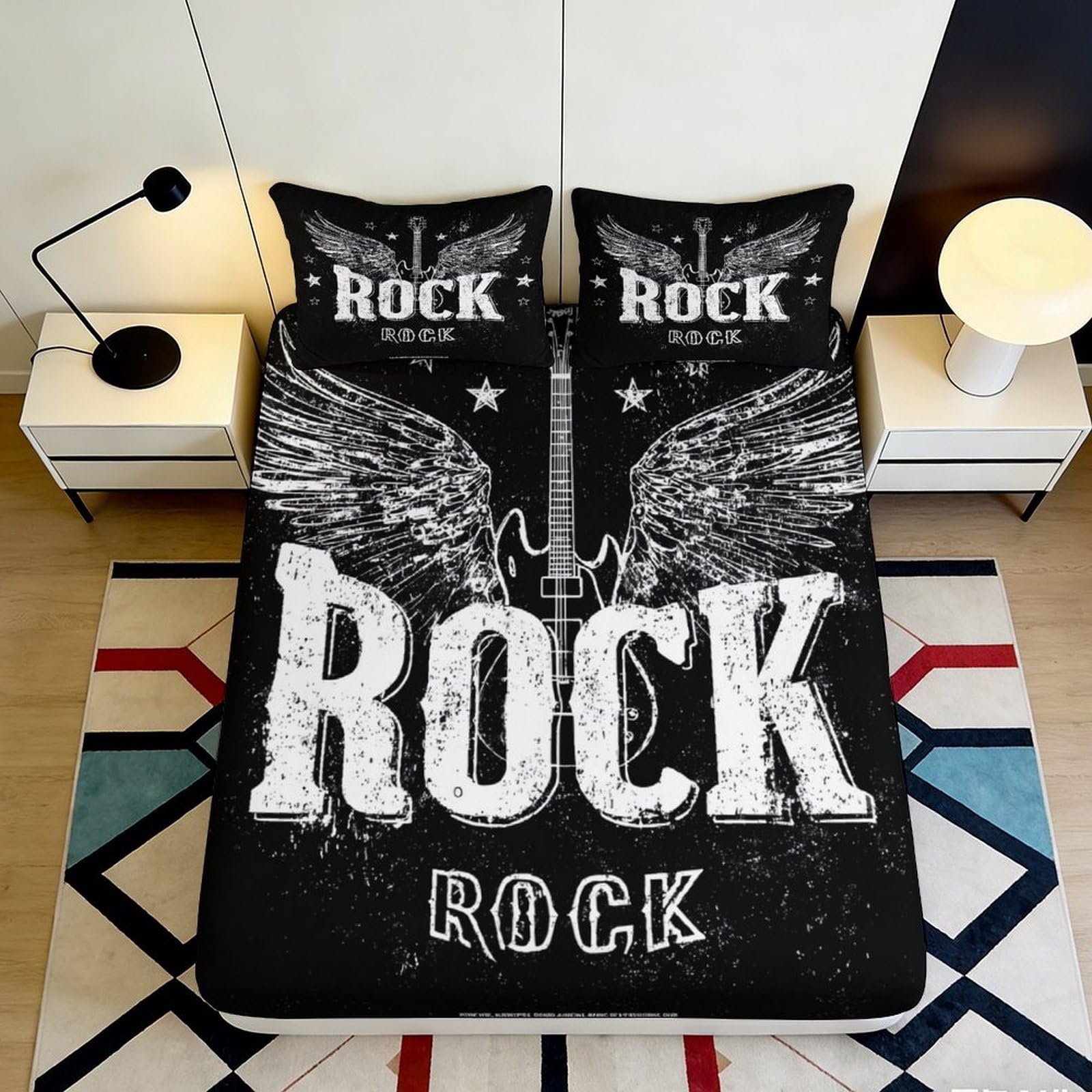 3D Printed Rock Guitar Wings Fitted Sheet Microfiber Black Bed Cover Non Slip Bedroom Decor for Mattress Protection 200x200x25cm