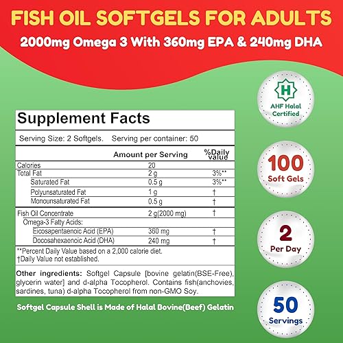 Miniatura 2 de Aceite de pescado Halal de 2000 mg cápsulas blandas con 360 mg de EPA y 240 mg de DHA. 100 cápsulas blandas de Omega 3 capturadas en la naturaleza y