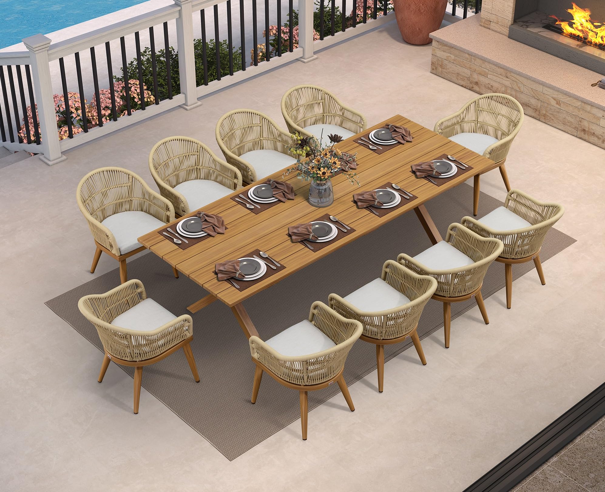 PURPLE LEAF 11 Pieces Patio Dining Set with Cushion Woven Rattan, Teak
