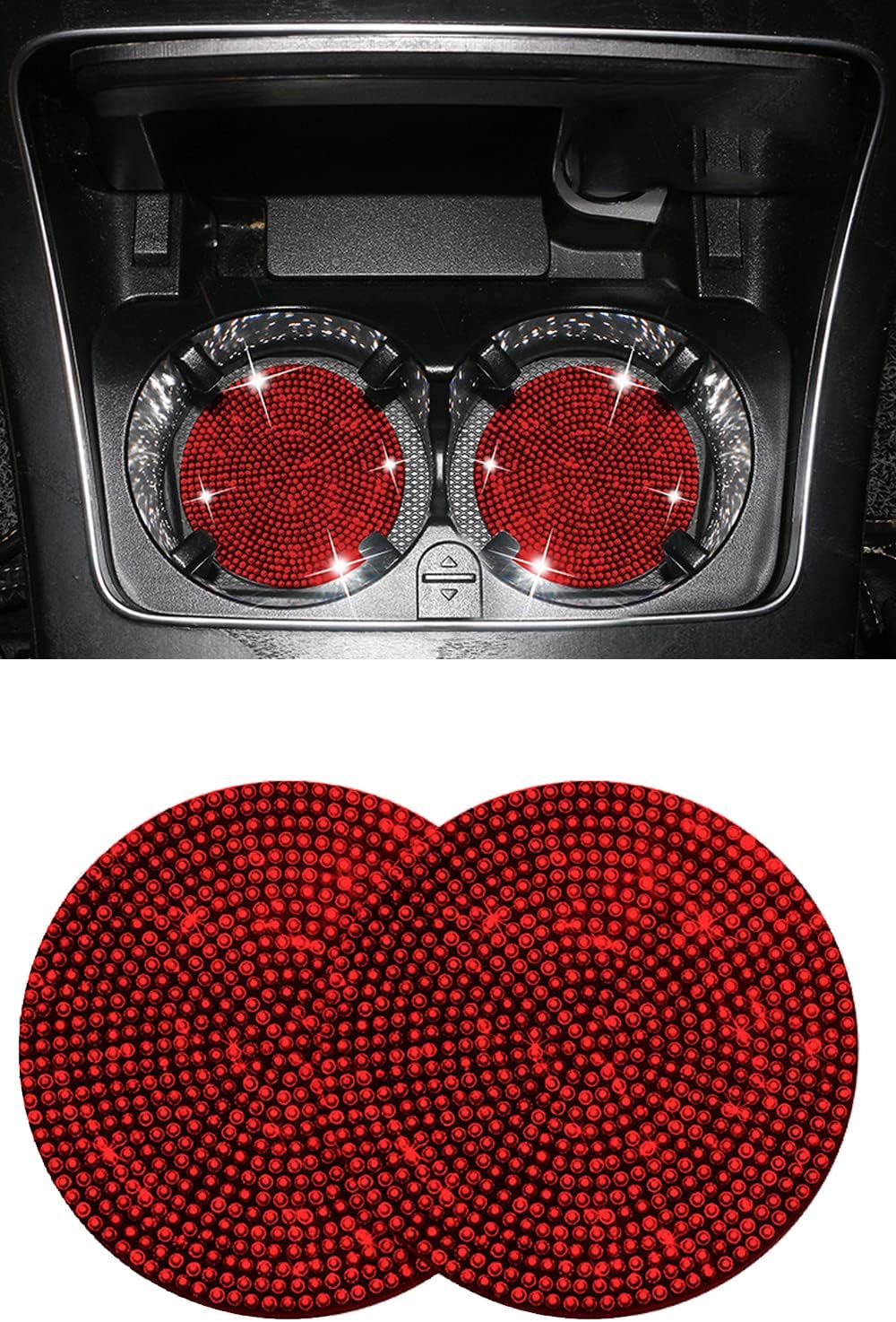 Natsuki Bling Crystal Rhinestone Car Cup Holder Coasters 2 Pack,Universal Vehicle Bling Cup Holder for Valentine's Day Gift Red
