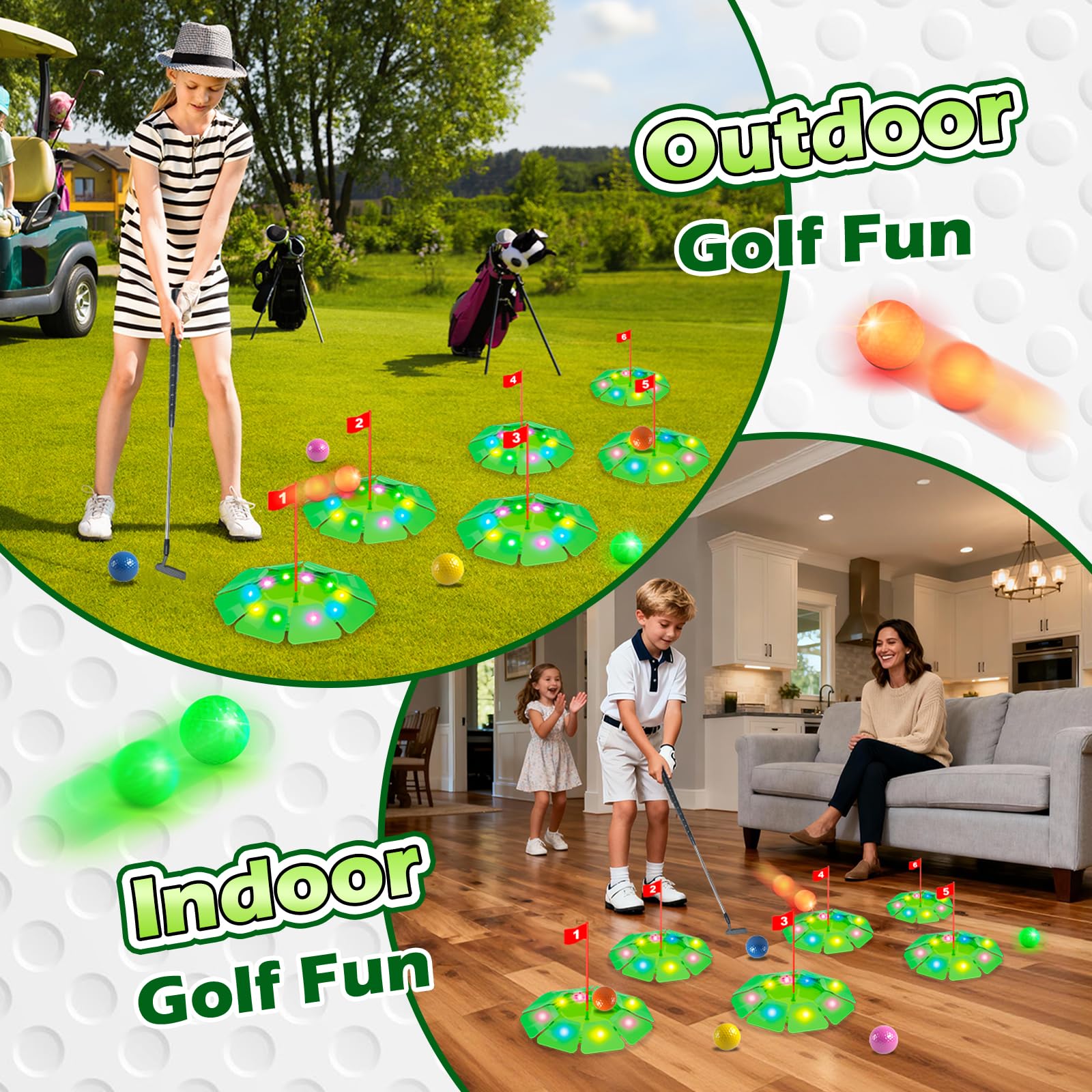 VATOS Light up Golf Putting Game Set, Glow Golf Toy with 6 LED Holes, 6 Balls (2 Glow), Extendable Putter - Image 4