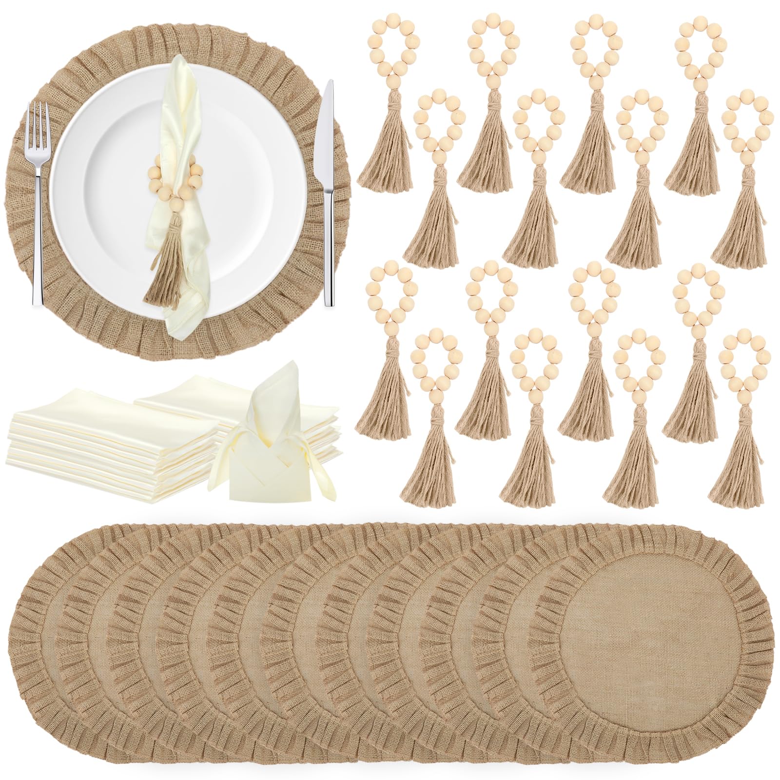 HEYTIMI 48PCS Round Burlap Placemats 15" Natural Place Mats with Wood Bead Napkin & Rings Dinner Napkins Cloth Boho Jute Table Mats Heat Resistant Placemats for Dining Table Wedding Farmhouse Decor