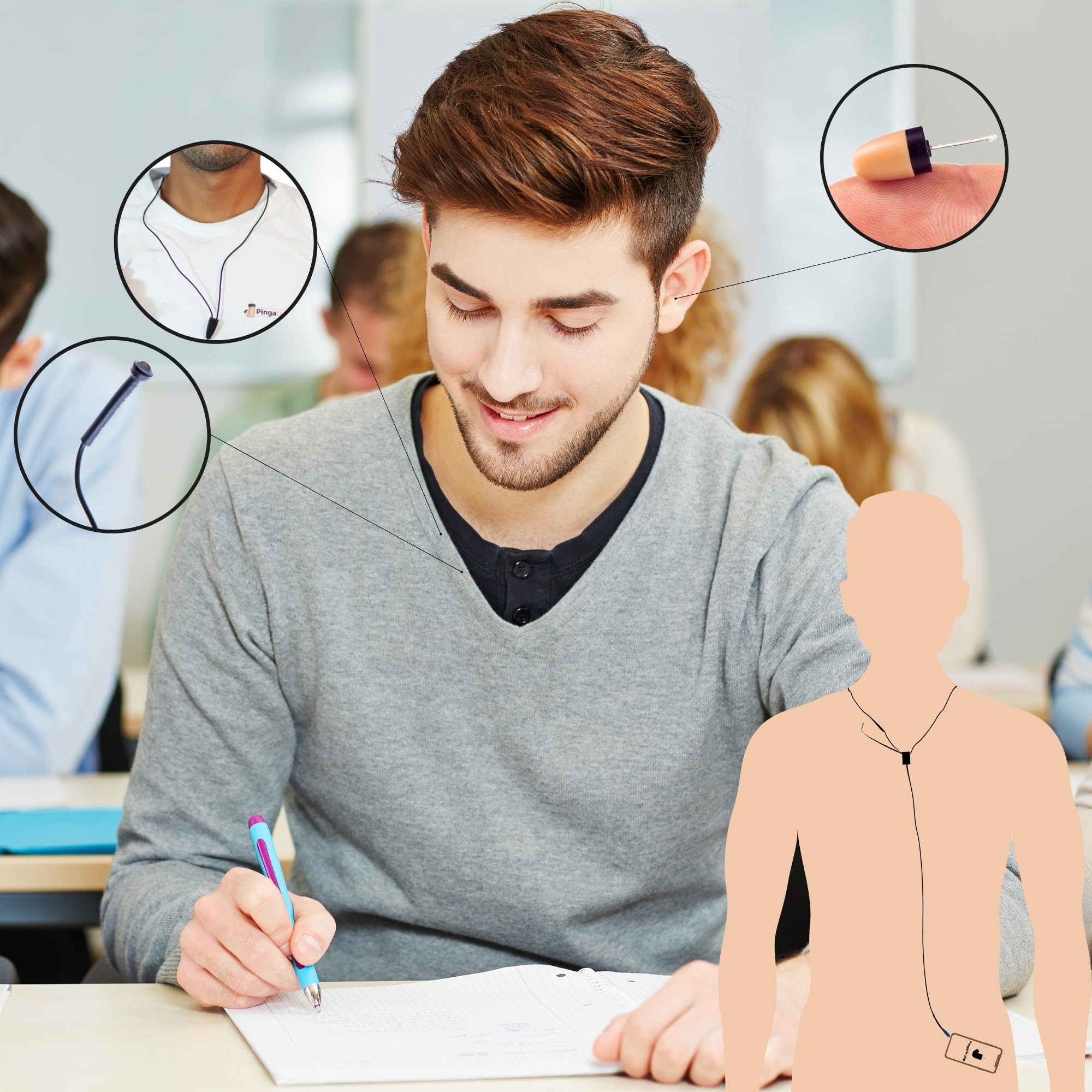 PingaOculto Pinganillo Examenes por Cable Oculto (VIP Pro Mini + Microfono) | Jack 3,5 mm, Botón multifunción, Llamadas y grabaciones, iPhone y Android, Invisible, Auricular inalámbrico, Tamaño mini