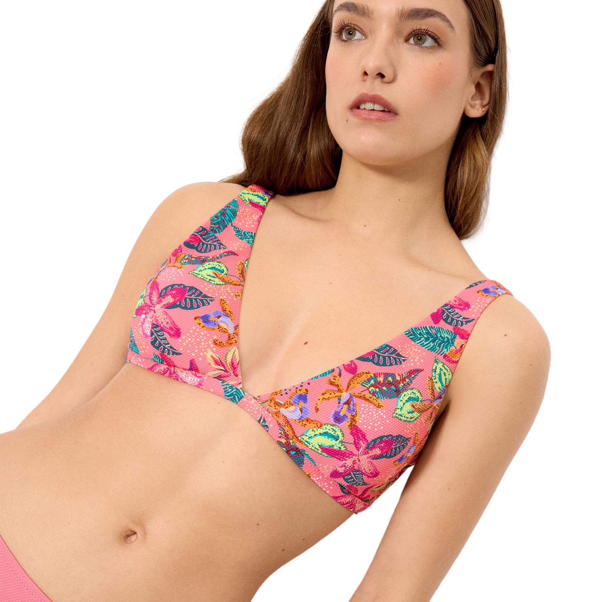 YSABEL MORA. Conjunto de Bikini Top Triángulo Piqué Estampado Tropical Copa B. Sin Aro con Relleno Extraíble para Comodidad y Forma Natural.Colección Lavender.