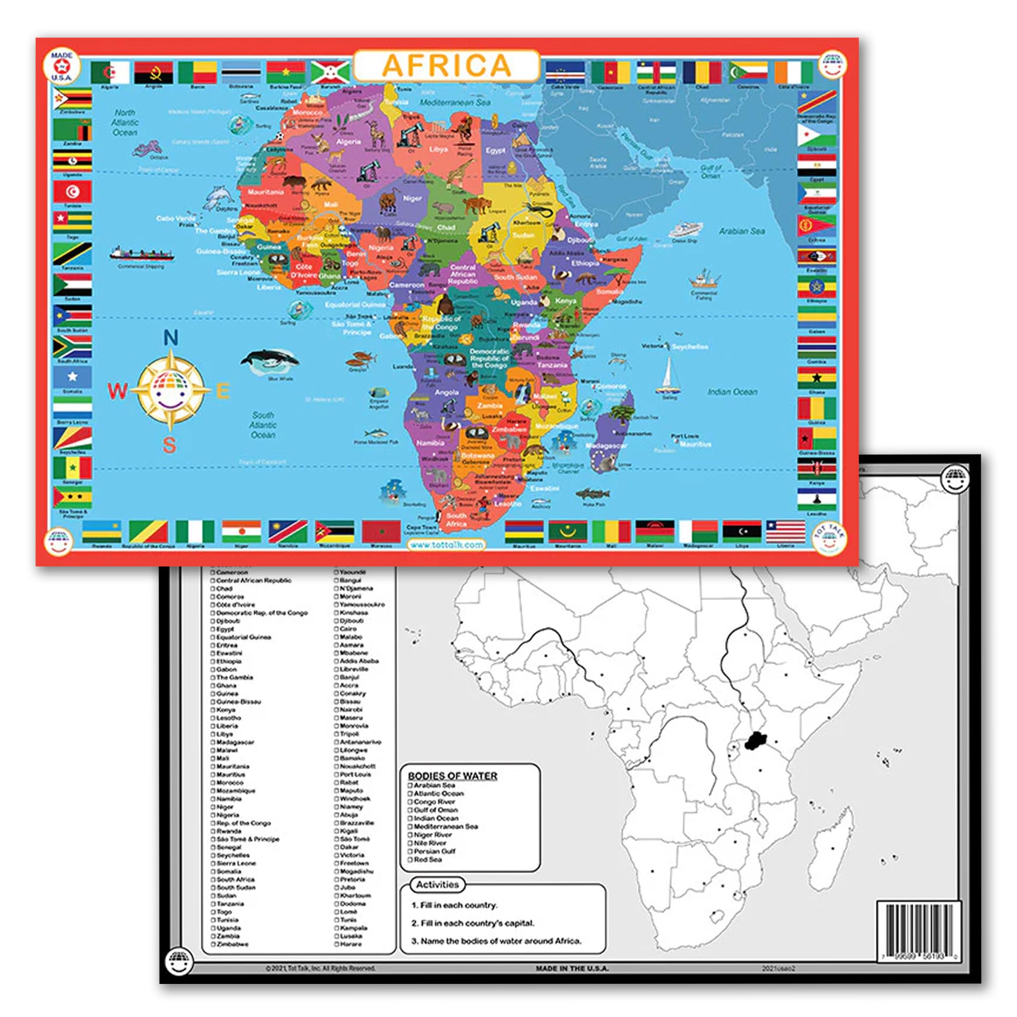 Tot Talk Map of Africa Kids Educational Placemat - Part of Our World Placemats for Kids Collection with Activities on The Back - Waterproof, Washable Childrens Placemats - Made in The USA