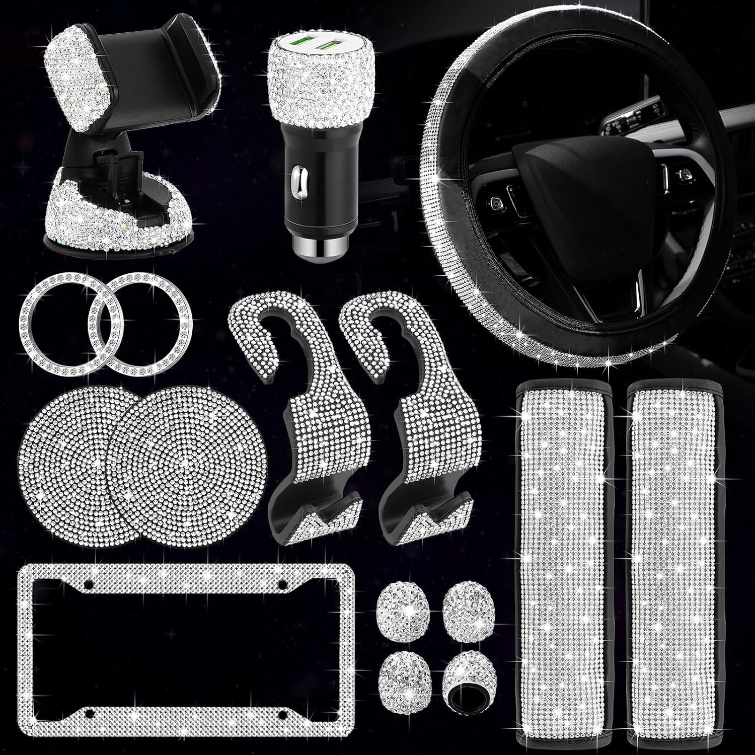 15 Pcs Bling Car Accessories Set for Women Rhinestone Steering Wheel Cover 15 Inch 2 Sparkly Diamond Seat Belt Covers 2 Crystal Hooks 4 Valve Caps 2 Cup Mats 2 Sticker 1 Phone Holder 1 USB Port