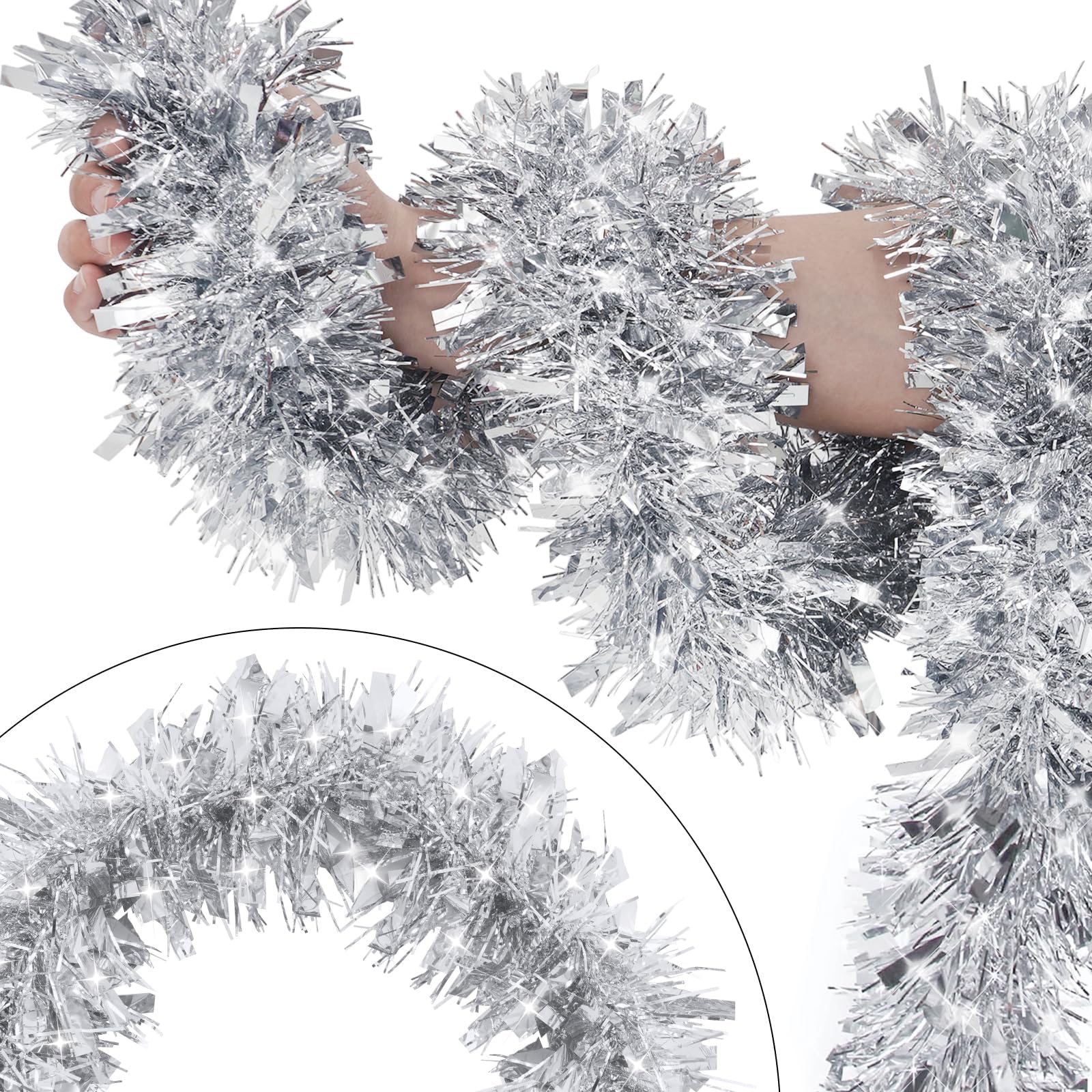 33FT Silver Tinsel Christmas Garland Metallic Twist Shiny Garland for Christmas Tree Decorations, Xmas Holiday Hanging Garland for Home Indoor Outdoor