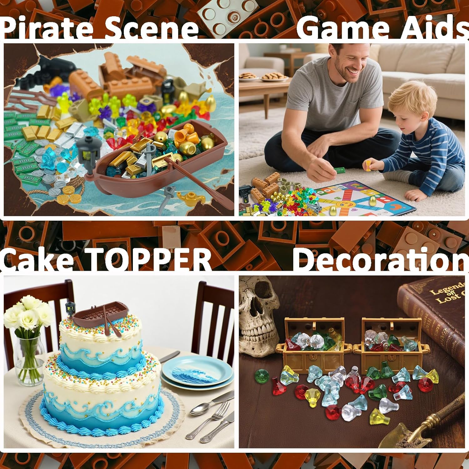 MALEKO Money Pirate Ship Treasure Accessories, Bank Dollars Cannon Crystals Gems Coins Gold Bar Silver Map Cash Chest, City Friends People Weapons Bricks Parts and Pieces Building Blocks Toys