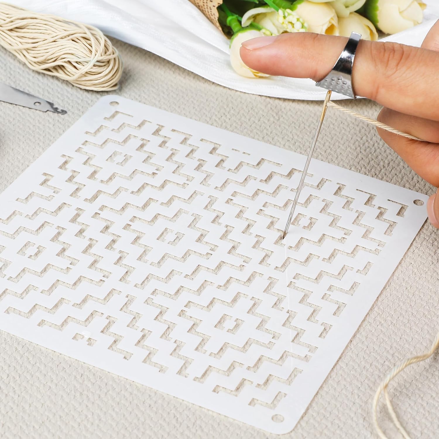 Sashiko Thread Kit - 46 Pcs Sashiko Kit Includes Sashiko Thread, Sashiko Needles, Cotton Thimble, Stencils & Patterns for Embroidery Projects, Hand Sewing, Quilting, Mending Supplies (White)