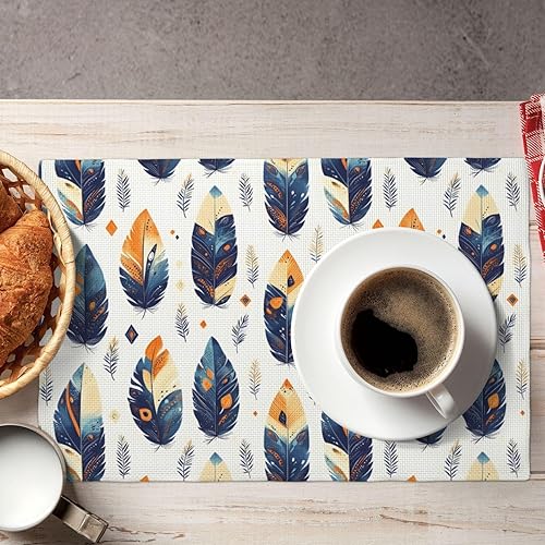 Miniatura 5 de Dining Table Placemats Set of 4-12x18 Inch Retro Colored Feathers Print Faux Linen Double Heat Resistant Place Mats, Kitchen Table Mats, Wipeable