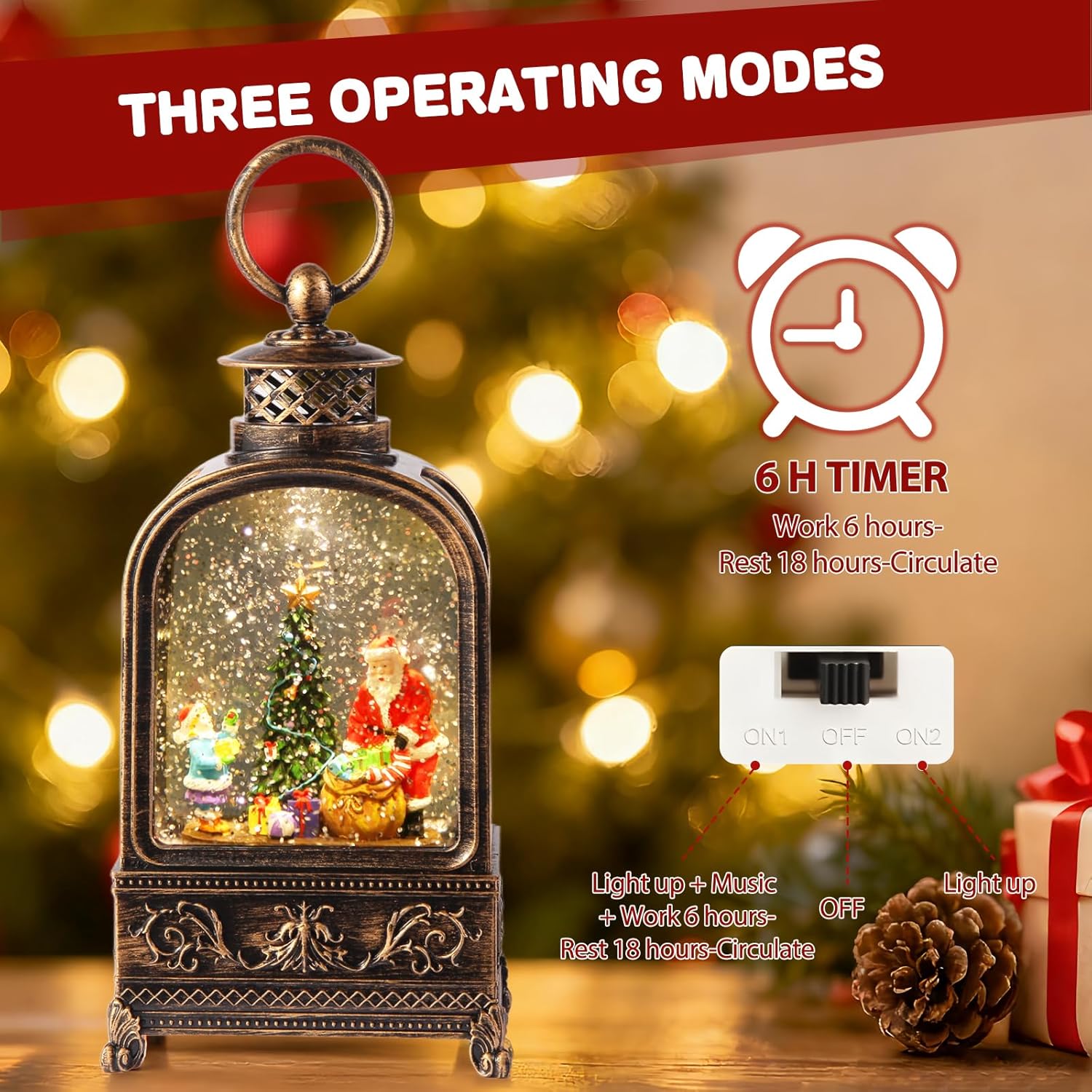 Santa Claus Snow Globe Christmas, Musical Snow Globe Lantern Lights with 6H Timer Battery & USB Powered, Retro Style Holiday Glitter Snow Globes for Xmas Home Decoration Indoor Holiday Party Gifts - Image 3