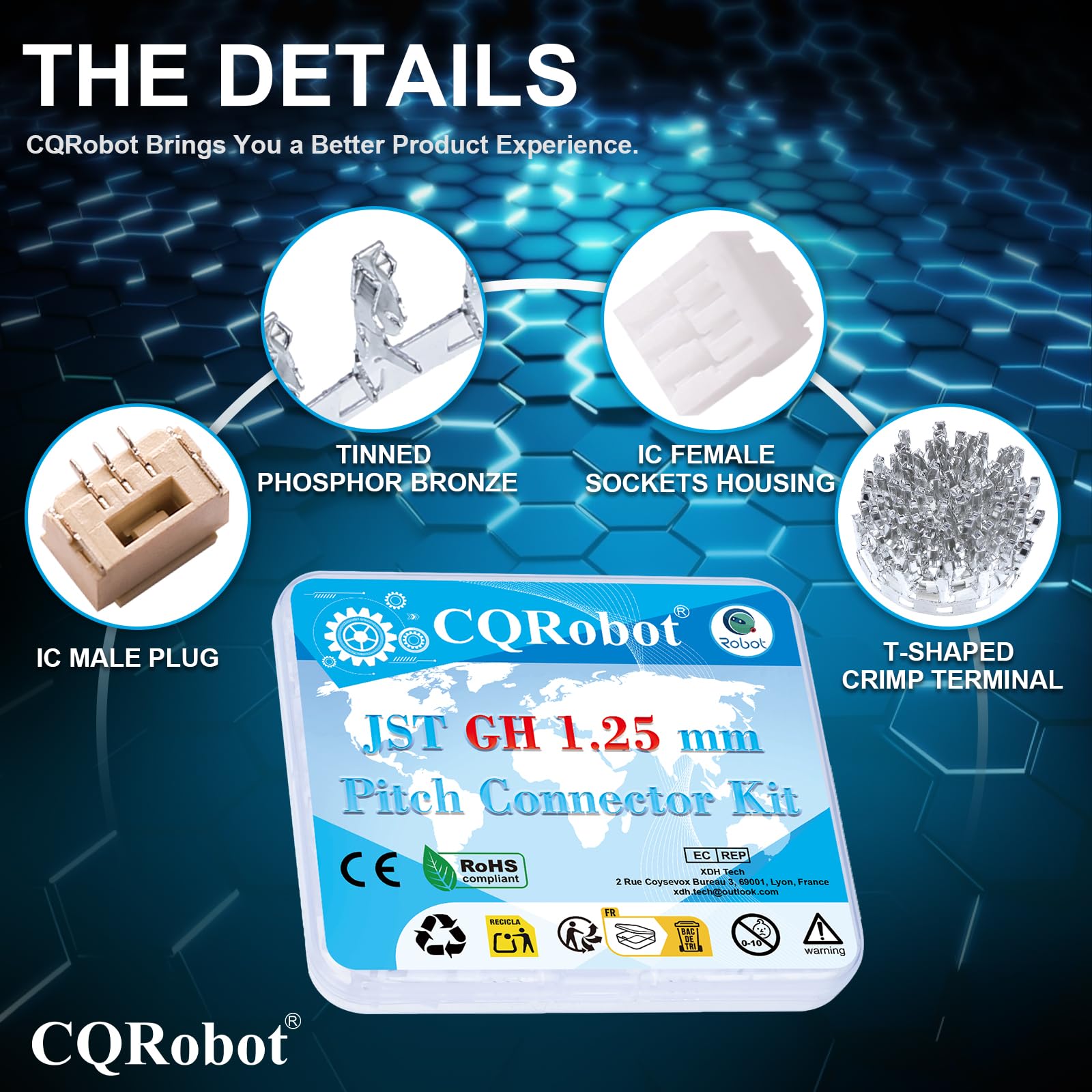 CQRobot JST GH 1,25 mm 3-pinowe złącze elektroniczne IC męskie złącze, żeńskie gniazdo i zacisk zaciskowy w kształcie litery T. 80 zestawów/400 sztuk elementów kabla adaptera ostrego drutu.