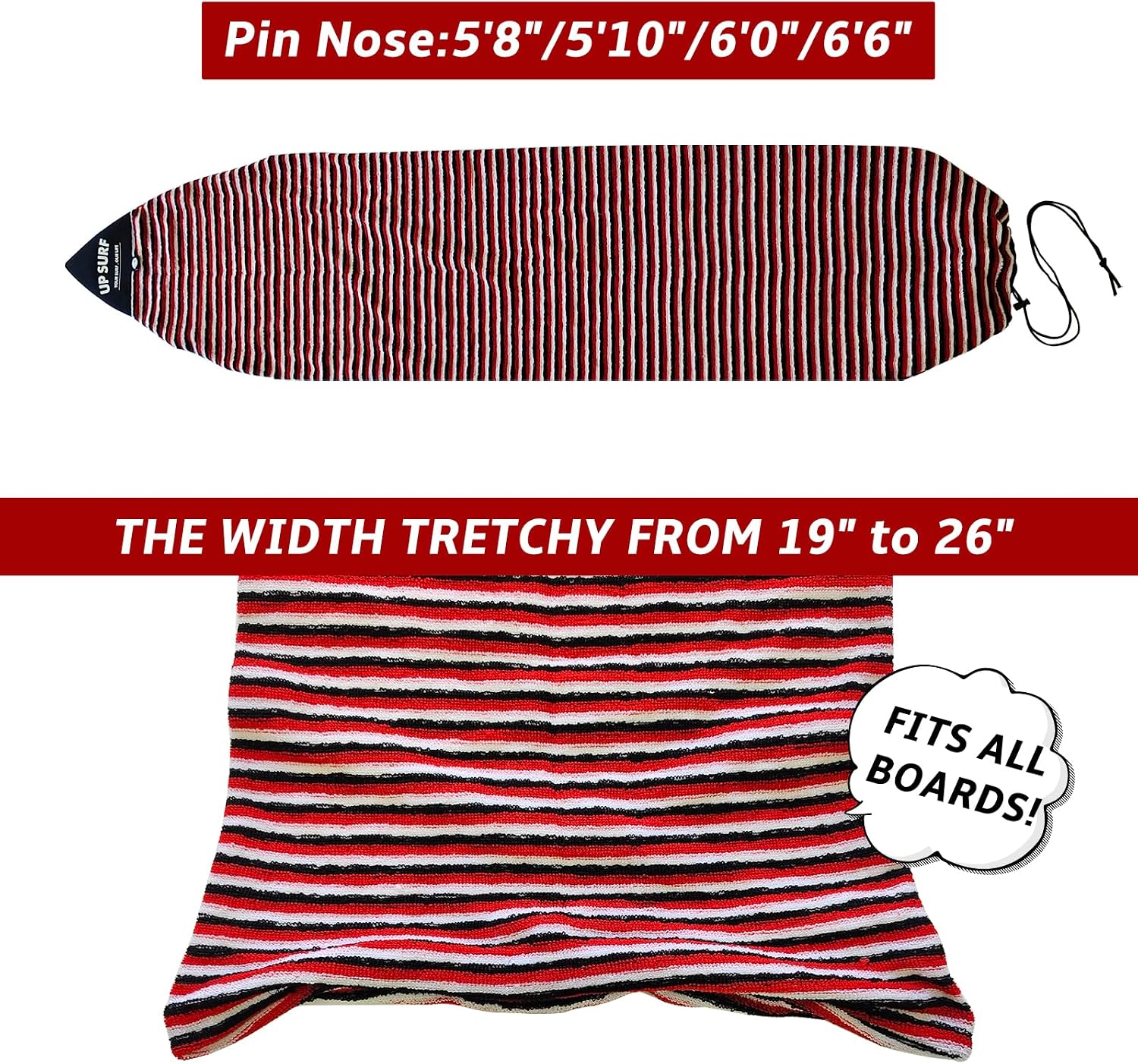 UPSURF 5'8"/5'10"/6'/6'6"Surfboard Sock Cover-short or fish board Sock Cover Light Protective Bag for Your Surf Board