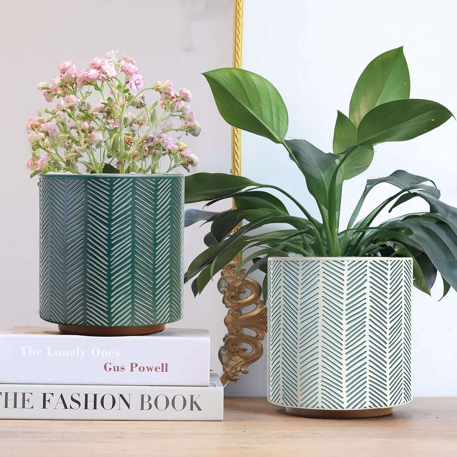 AmiCera Modern Slash Line Flower Pots, Vintage Geometric Planters for Indoor Plants Unique Plant Pot with Drainage - Image 4