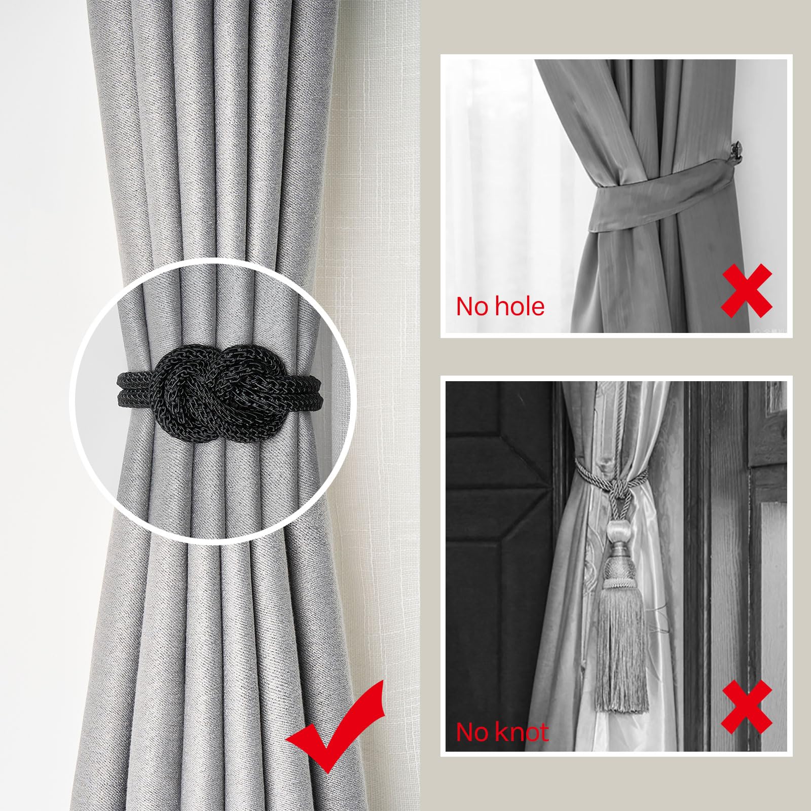 Pretty Jolly 2 Pack Mini Magnetic Curtain Tiebacks Nordic Simple Style Drape Tie Backs Elegant Hand Weave Rope Knot Decorative Curtain Holdbacks for Home & Office Window Drapery (Black) - Image 2