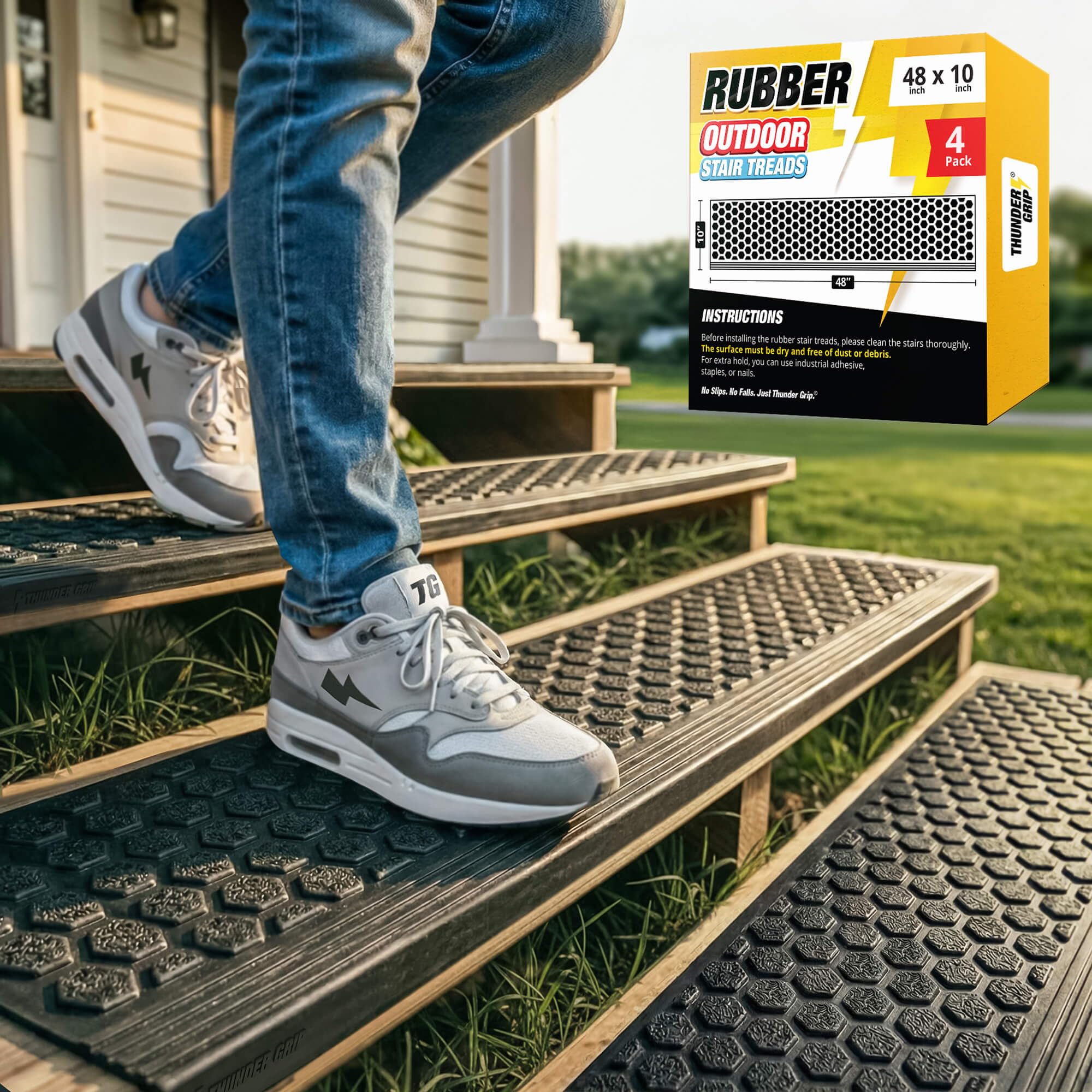 Rubber Stair Treads Outdoor 48"x10" 4-Pack - Heavy-Duty Outdoor Stair Treads Non-Slip Weather Resistant - Exterior Rubber Mats for Wooden Steps - Anti