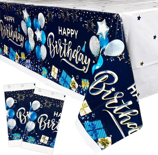 2 Pcs Happy Birthday Navy Blue Tablecloth 54" x 108" Confetti Table Cover Waterproof Table Cloths Blue with white Balloon Pattern for Graduation Christmas Decoration Birthday Party Supply