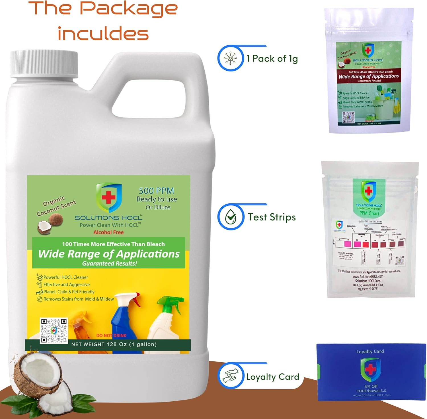Solutions HOCL - Hypochlorous Acid Power Clean with HOCL - 500 PPM Ready to Use Professional (One Gallon/128 Fluid Ounces) Surface Cleaner for ULV Foggers & Sprayers to Clean Home, Office, School, Restaurant Floor & Hard Surfaces - with a Free Bonus One gram packets of HOCL Powder & a package of Test Strips (Coconut)