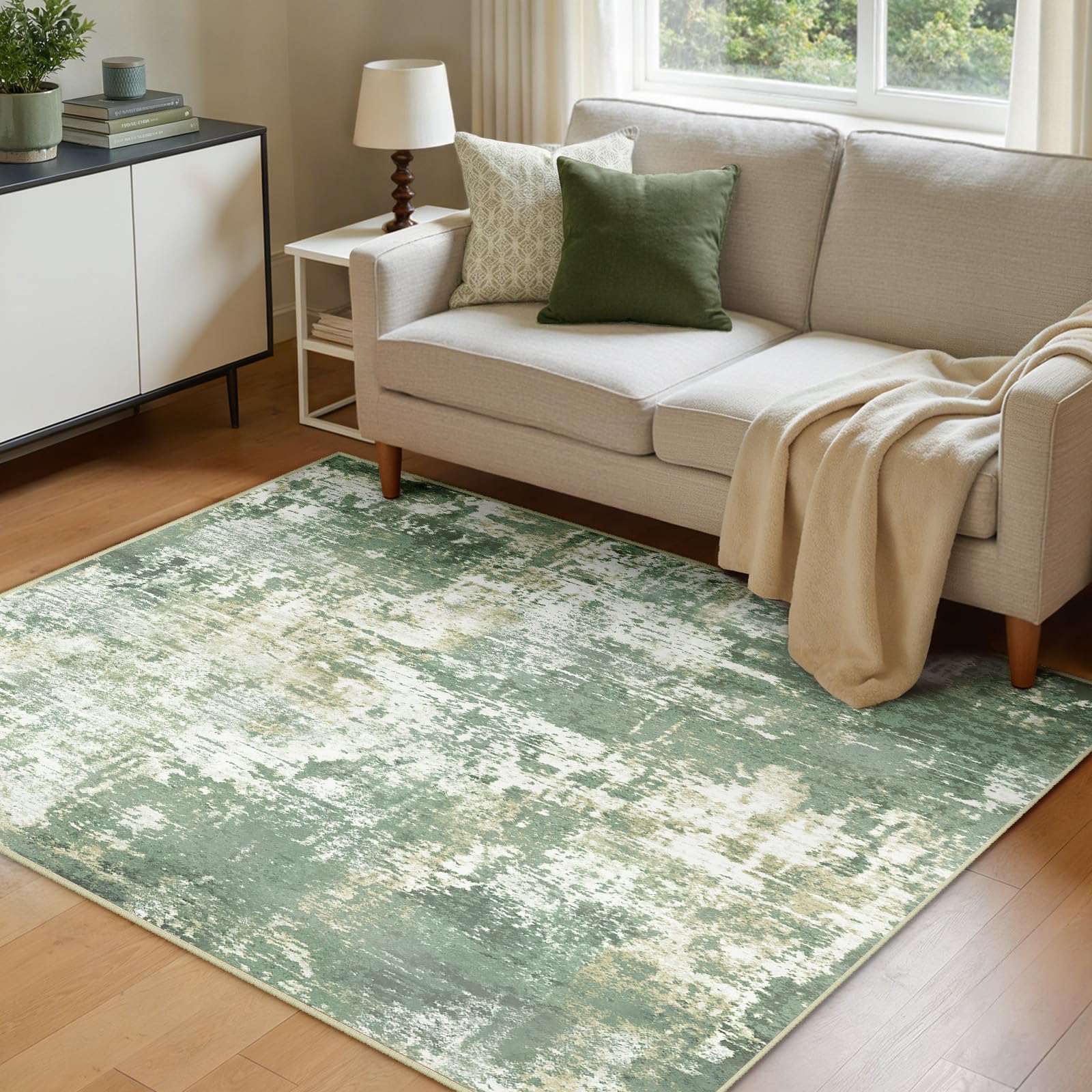 INOVADAY Washable Rugs Living Room 120x180 cm Modern Abstract Rug with Soft Low Pile Vacuum Friendly Non Slip Backing Minimalist Carpet for Lounge Bedroom Dining Room Home Office Green Yellow