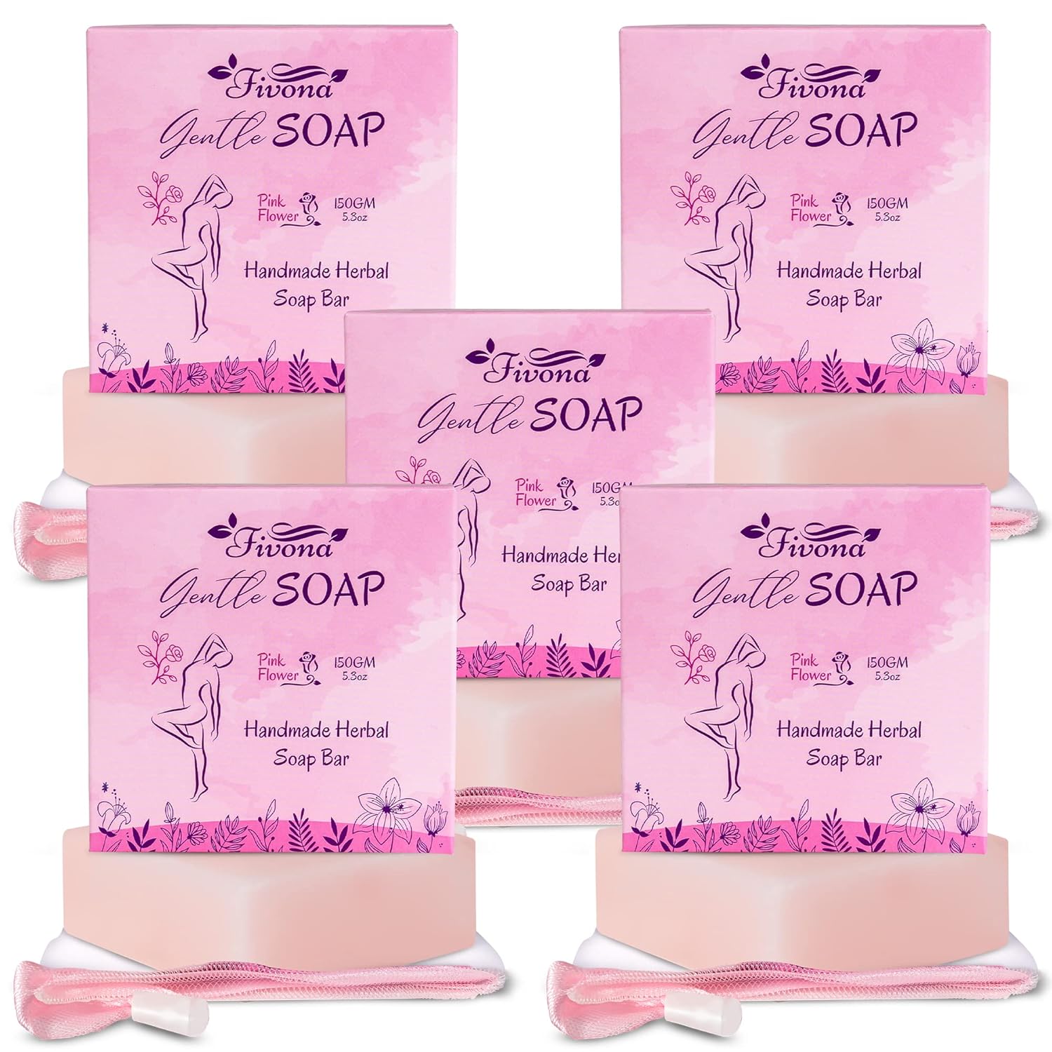 FIVONA Set of 5 Gentle Pink Yoni Herbal Soap Bars Ideal for Feminine Wash and Whole Body Cleanse Infused with Natural Ingredients - 5x 5.3 oz - Includes Exfoliating Scrubber Foaming Net