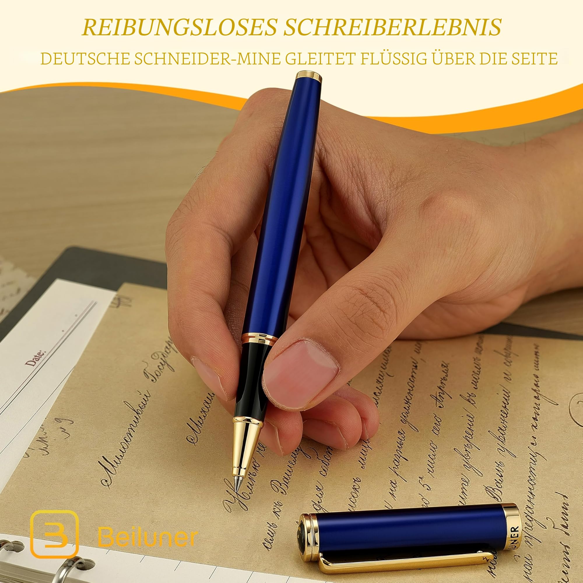 BEILUNER Hochwertiger Tintenroller mit Echtvergoldung - Professioneller Kugelschreiber mit schwarzer Schneider 850 Mine - Geschenkbox - Luxus Schreibgerät für Business & Geschenkanlässe(Blau)