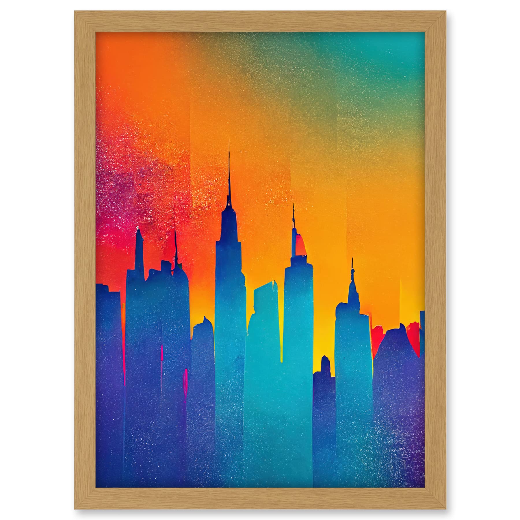 Wee Blue Coo Modern Abstract Warm Bright Colourful New York Sunset Skyline Artwork Framed A3 Wall Art Print